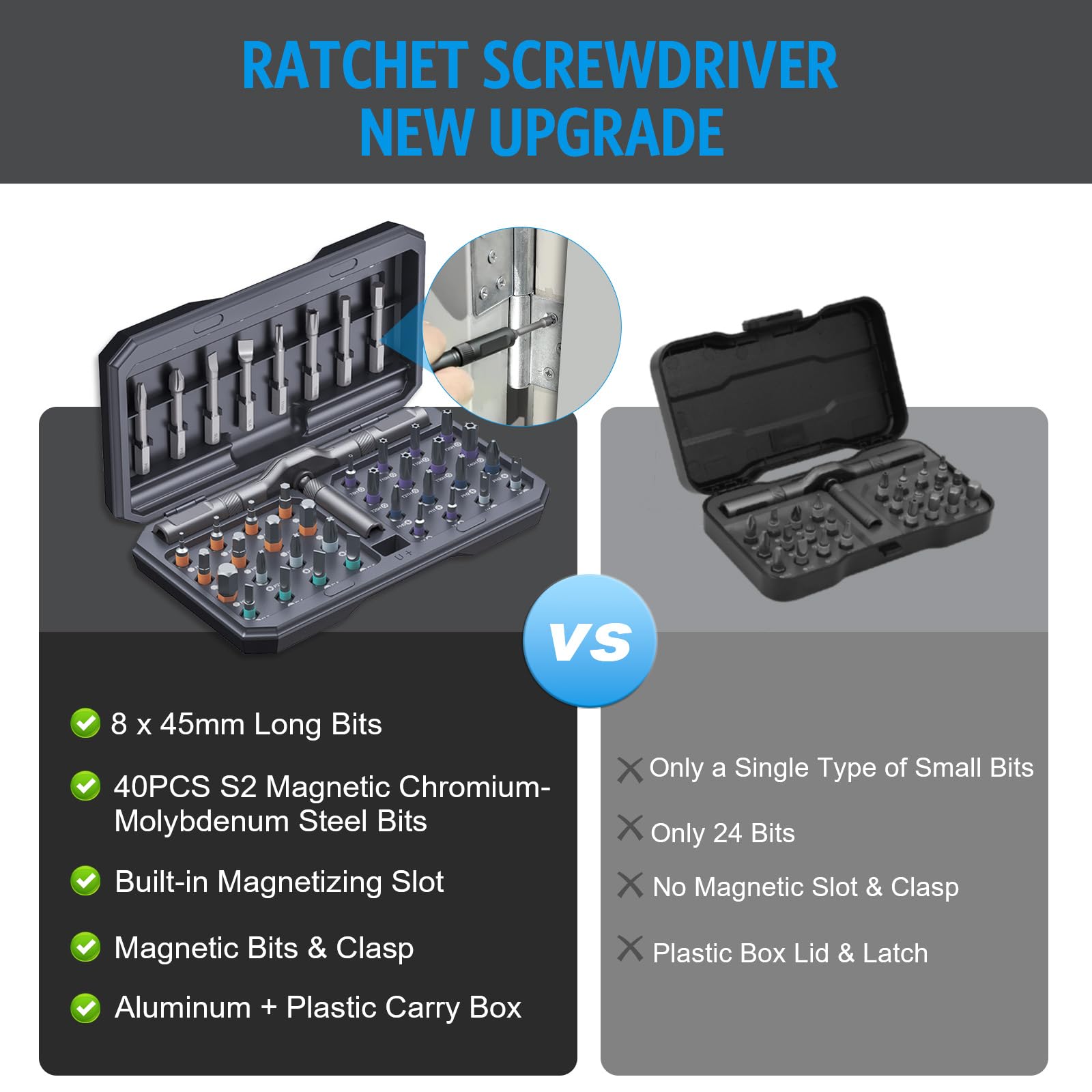 AMIR 42 in 1 Ratchet Screwdriver Kit with 40 PCS Magnetic Bits - Rotatable Handle Repair Tool Set with Durable Carry Case (Gray) | Perfect for Home Repairs, Electronics, Furniture Assembly & DIY Projects
