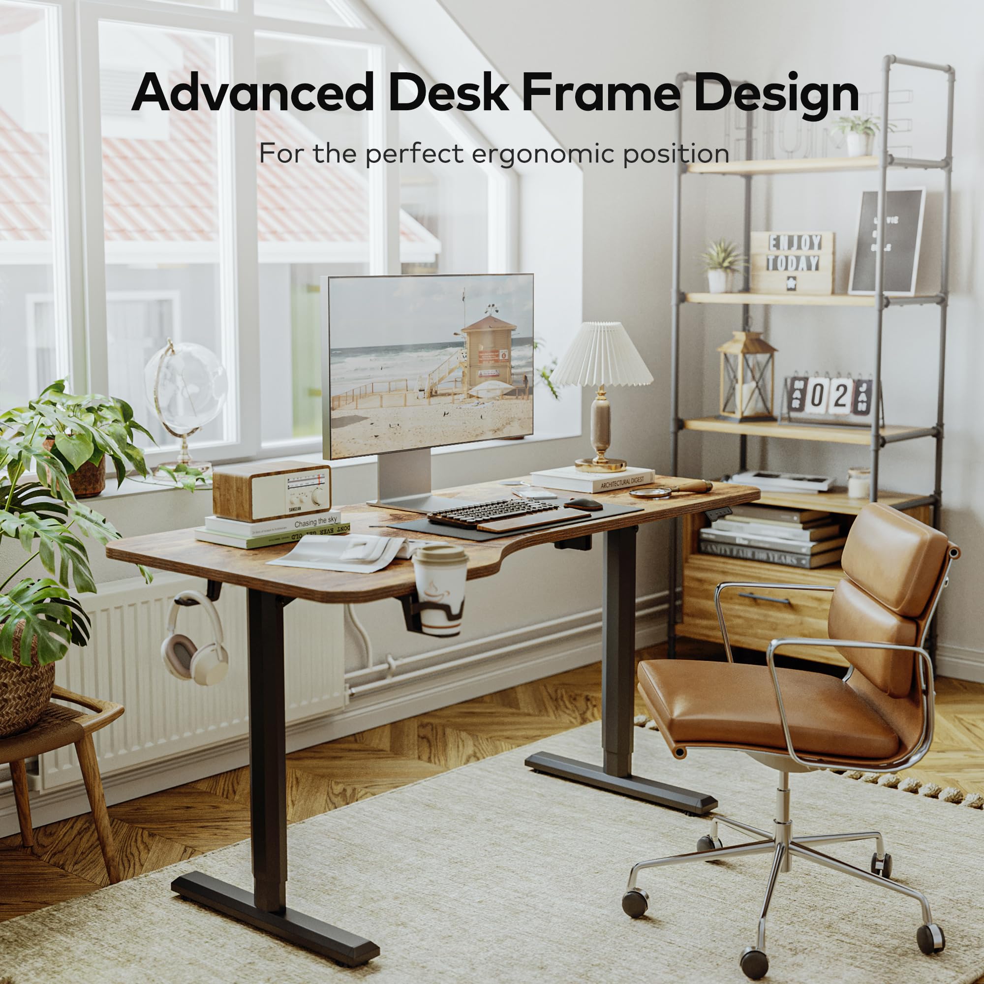 FEZIBO 63 x 24 Inches Electric Height Adjustable Standing Desk - Sit Stand Home Office Desk with Splice Board, Rustic Brown | Ergonomic Workstation for Home Office, Gaming & Study (Perfect for Remote Work & Small Spaces)