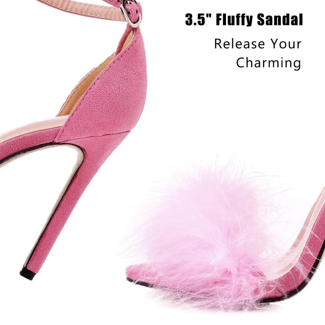 JOEupin Women's Fluffy Marabou Feather High Heel Strappy Sandals with Fur - Elegant Party Shoes for Weddings, Prom, Evening Events & Night Out