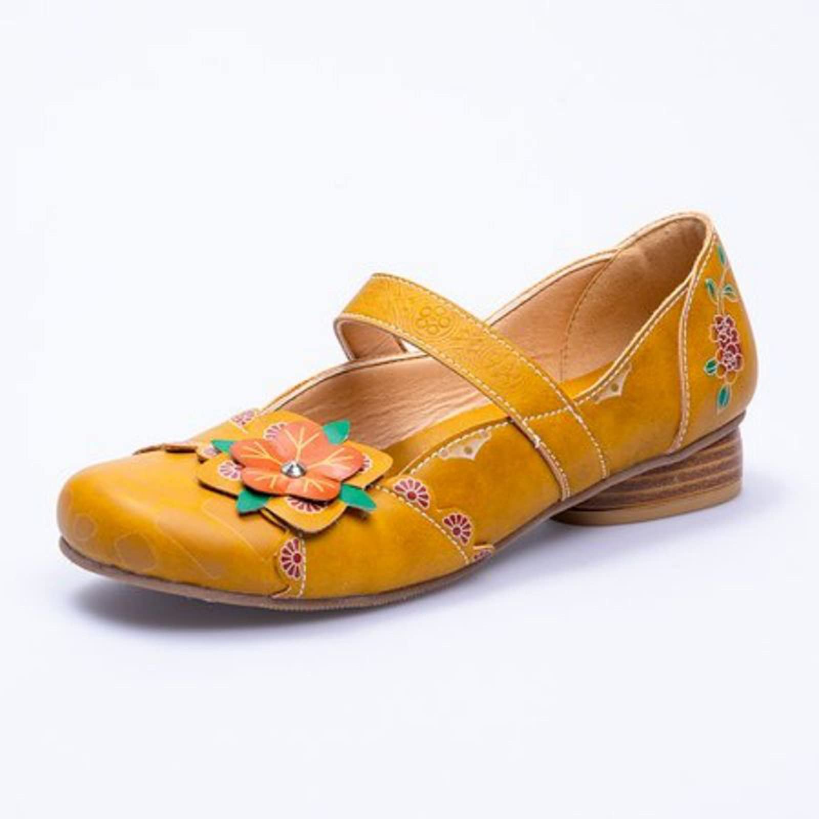 Women's Casual Floral Round Toe Dress Boots with Hook Loop - Ethnic Heels & Flat Shoes for Everyday Wear (Yellow, Size 8) | Perfect for Office, Dating & Fall Fashion