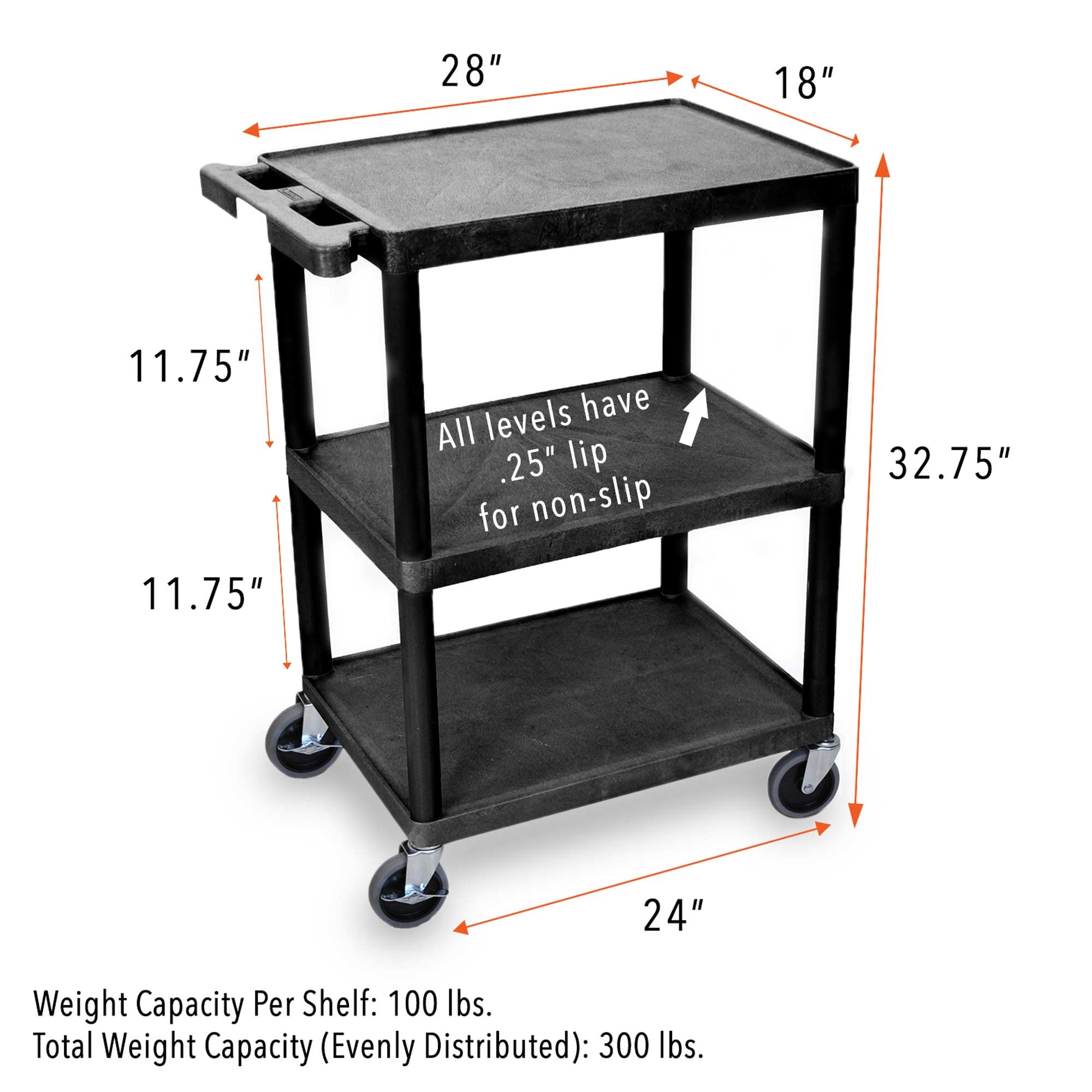 Heavy-Duty 3-Tier Flat Shelf Printer Cart with Wheels - 300 lbs Capacity Utility Storage Cart for Home Office & Warehouse (28