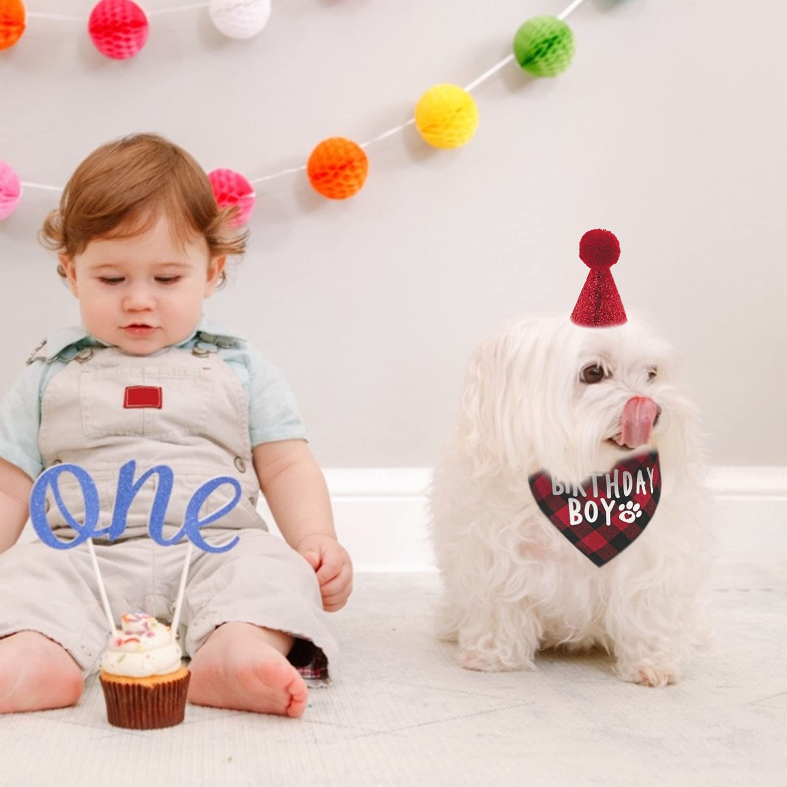 HACRAHO 2-Piece Dog Birthday Bandana and Hat Set - Cute Plaid Scarf & Party Hat for Puppy Birthday Outfits - Perfect for Dog Birthday Parties, Photo Shoots & Special Occasions (Red)