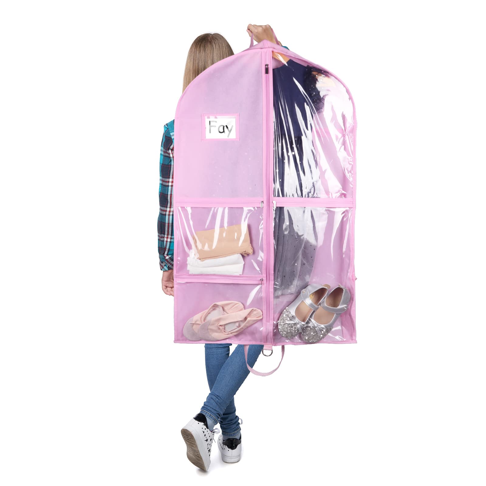 Zilink 40 Inch Clear Dance Costume Garment Bag with 5 Zipper Pockets, Stable Buckles & Carry Handles - Perfect for Dance Competitions, Closet Storage & Travel Organization (Pink)