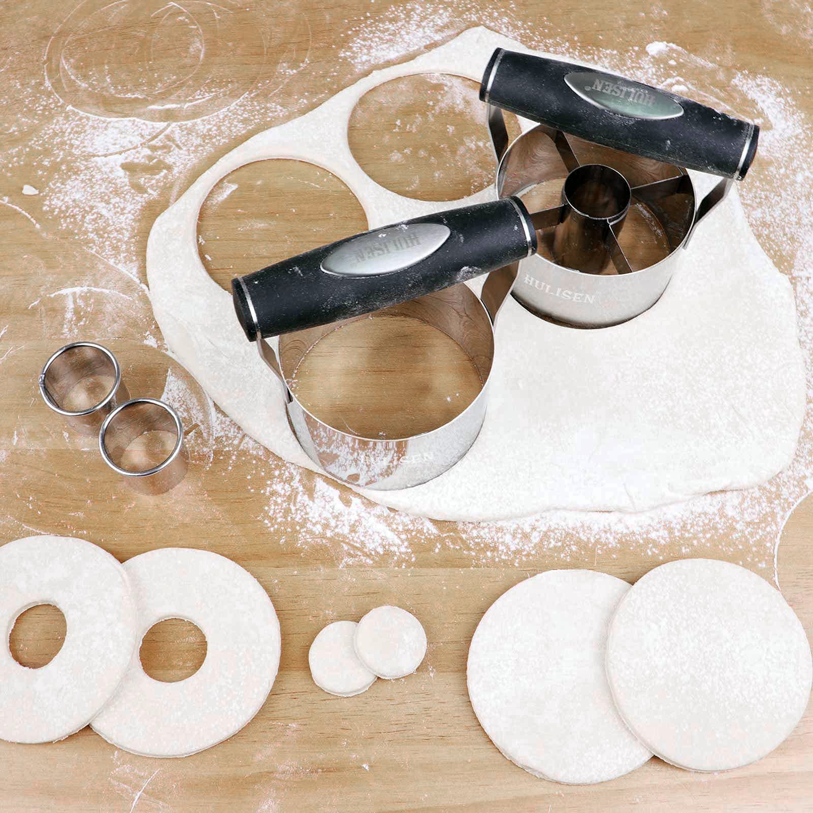 HULISEN 3.5 Inch Donut Cutter & Biscuit Cutter Set (2-Piece) with Soft Grip Handle - Stainless Steel Professional Baking Tools for Cookies, Pastries, Doughnuts - Includes Bonus 2 Mini Cookie Cutters - Perfect for Home Bakers, Bakeries & Gift Giving