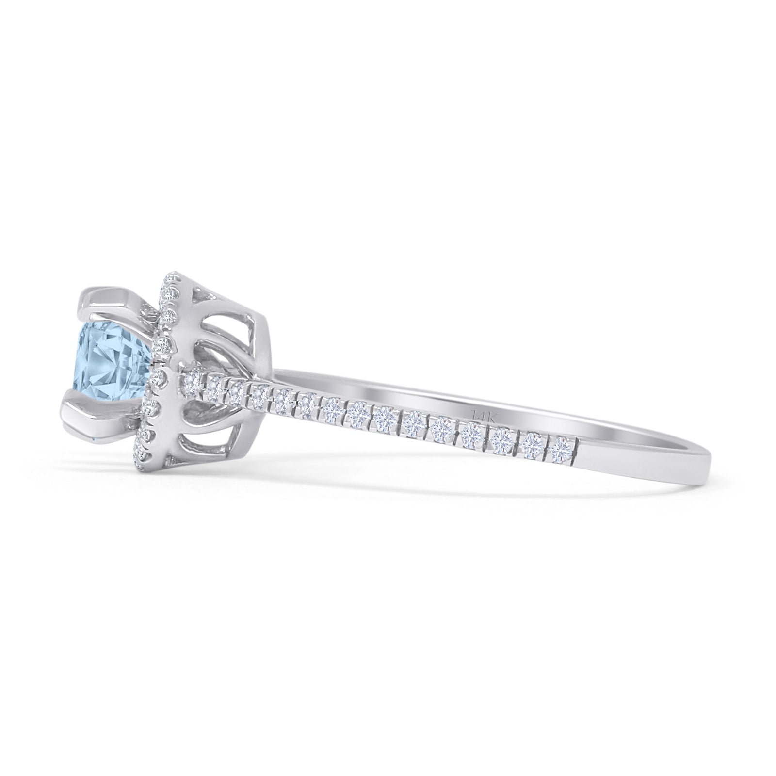 14K White Gold Round Halo Natural Aquamarine Vintage Style Diamond Ring for Women - Elegant Bridal, Engagement, Anniversary Gift Jewelry