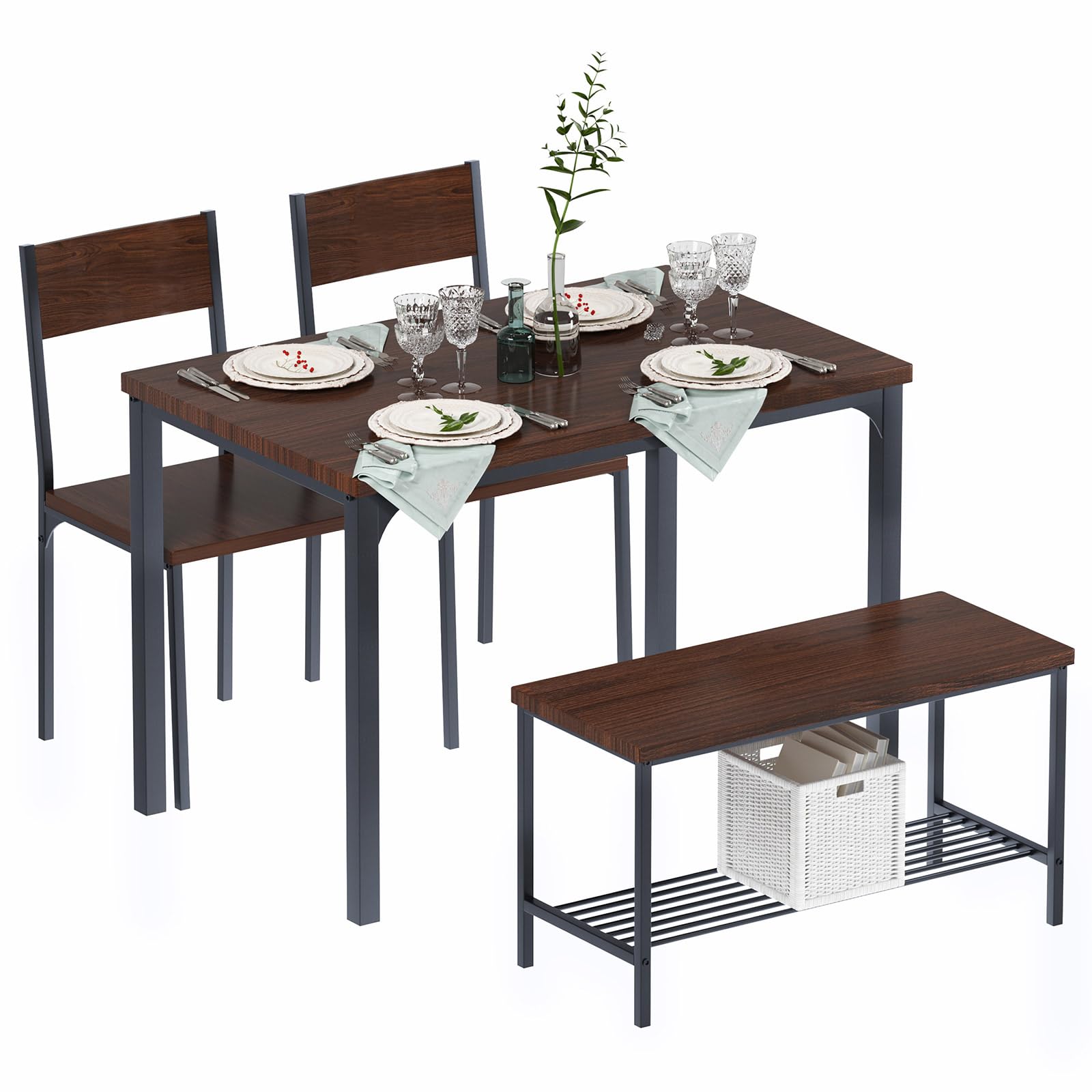 SogesHome 43.3 Inch Kitchen Dining Table Set for 4 with 2 Chairs and Bench - Space Saving Small Apartment Furniture Set for Kitchen, Restaurant, Coffee Shop - Dark Brown Wood Finish - Perfect for Breakfast Nook, Small Dining Room, and Compact Spaces