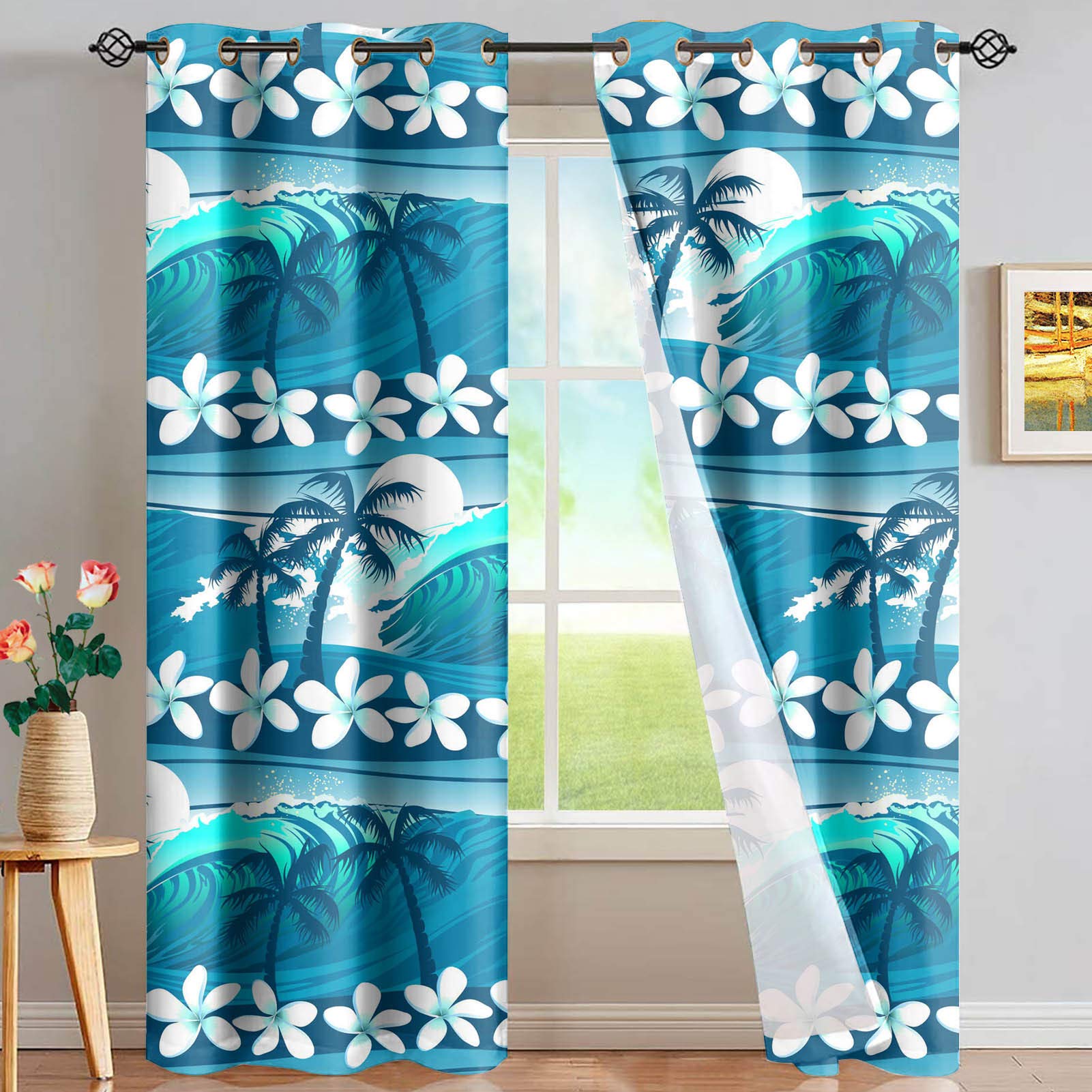 Blue Tropical Palm Tree Print Curtains - Hawaiian Style Living Room Drapes (52x84 Inch, Set of 2 Panels) | Soft Durable Window Treatments for Bedroom, Kitchen, Home & Office | Perfect for Beach House Decor, Coastal Theme & Vacation Style Interiors