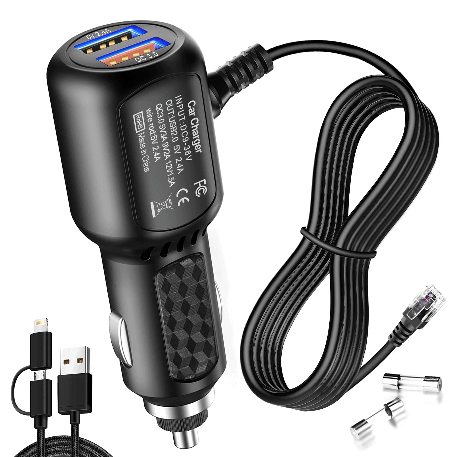 Uniden Escort Valentine Beltronics Passport Cobra Radar Detector Power Cord with Dual USB QC3.0 Fast Charger (RJ11) - Car Accessory for Road Trip & Highway Driving Safety