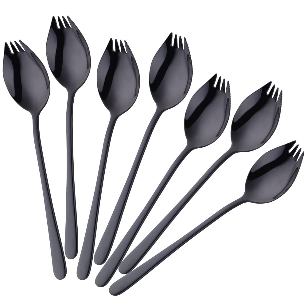 Buyer Star 6-Pack Stainless Steel Sporks - 18/8 Food Grade Spork Set (7.6 Inch, 1.6 Oz) for Ice Cream, Salad, Dessert, Camping & Picnic - Durable Black Utensils for Home, Office & Outdoor Use