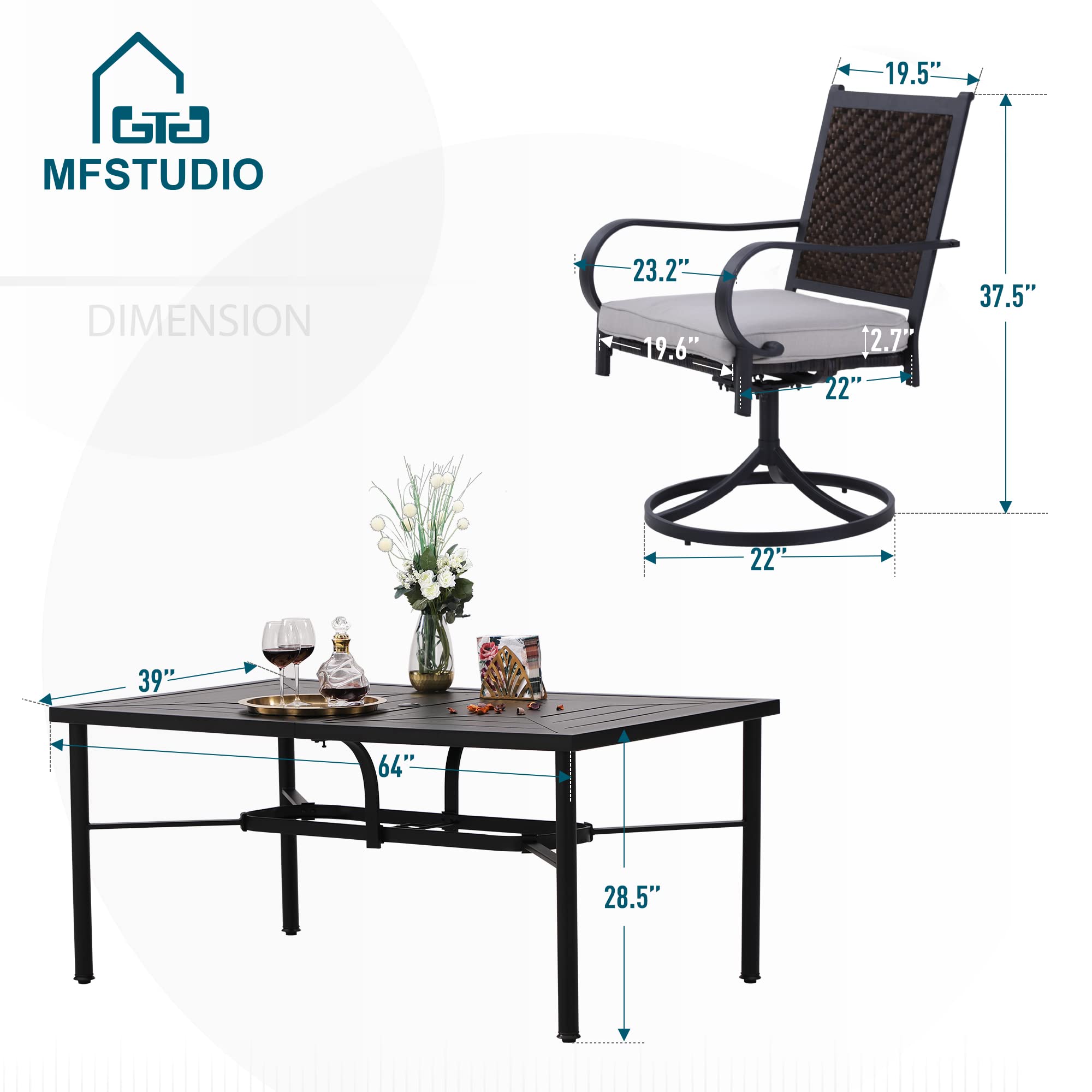 MFSTUDIO 7-Piece Outdoor Patio Dining Set - Rectangular Metal Table with 6 Rattan Swivel Chairs & 1.75