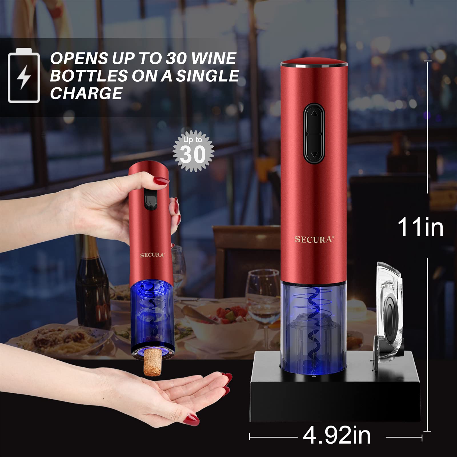 Secura Rechargeable Automatic Electric Wine Bottle Opener with Foil Cutter - Cordless Corkscrew for Red Wine, White Wine & Champagne - Perfect for Home, Parties & Gifts (Red)
