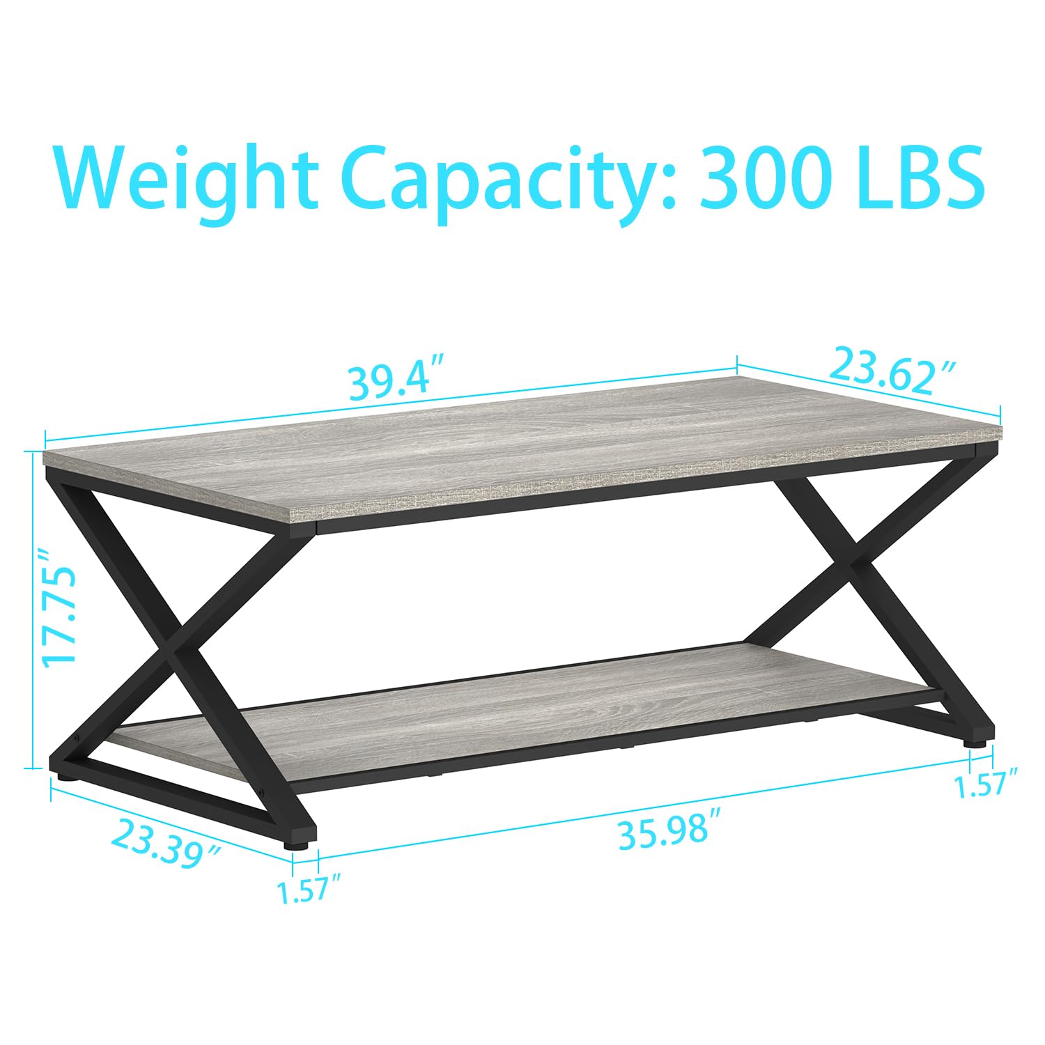 HSH Rustic Grey Coffee Table - Modern Minimalist 2-Tier Living Room Table with Storage Shelf, Industrial Style Metal & Wood Center Table for Home, Office, Bedroom - 39 Inch Rectangle Cocktail Tea Table - Perfect for Small Spaces, Entertaining Guests, and Stylish Home Decor