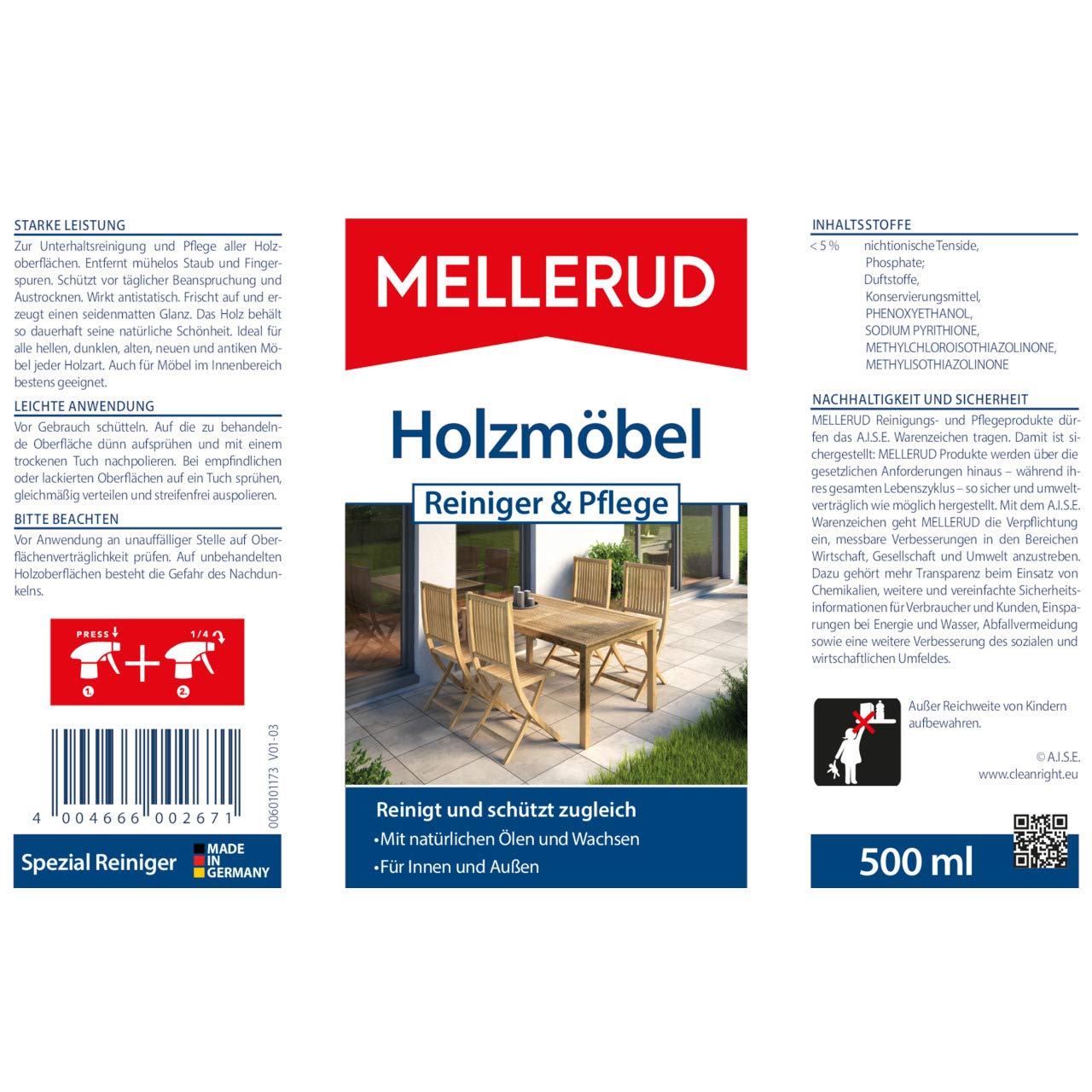 Holzmöbel Reiniger und Pflege - Wood Furniture Cleaner & Care Solution (0.5L) | Safe for Tables, Chairs & Antiques | Restores Shine & Protects Surfaces