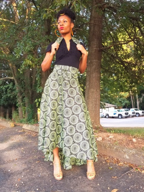 Stylish African Print High Low Skirt DP3773HL - Boho Chic Flowy Midi Skirt for Women, Perfect for Summer Festivals & Beach Vacations