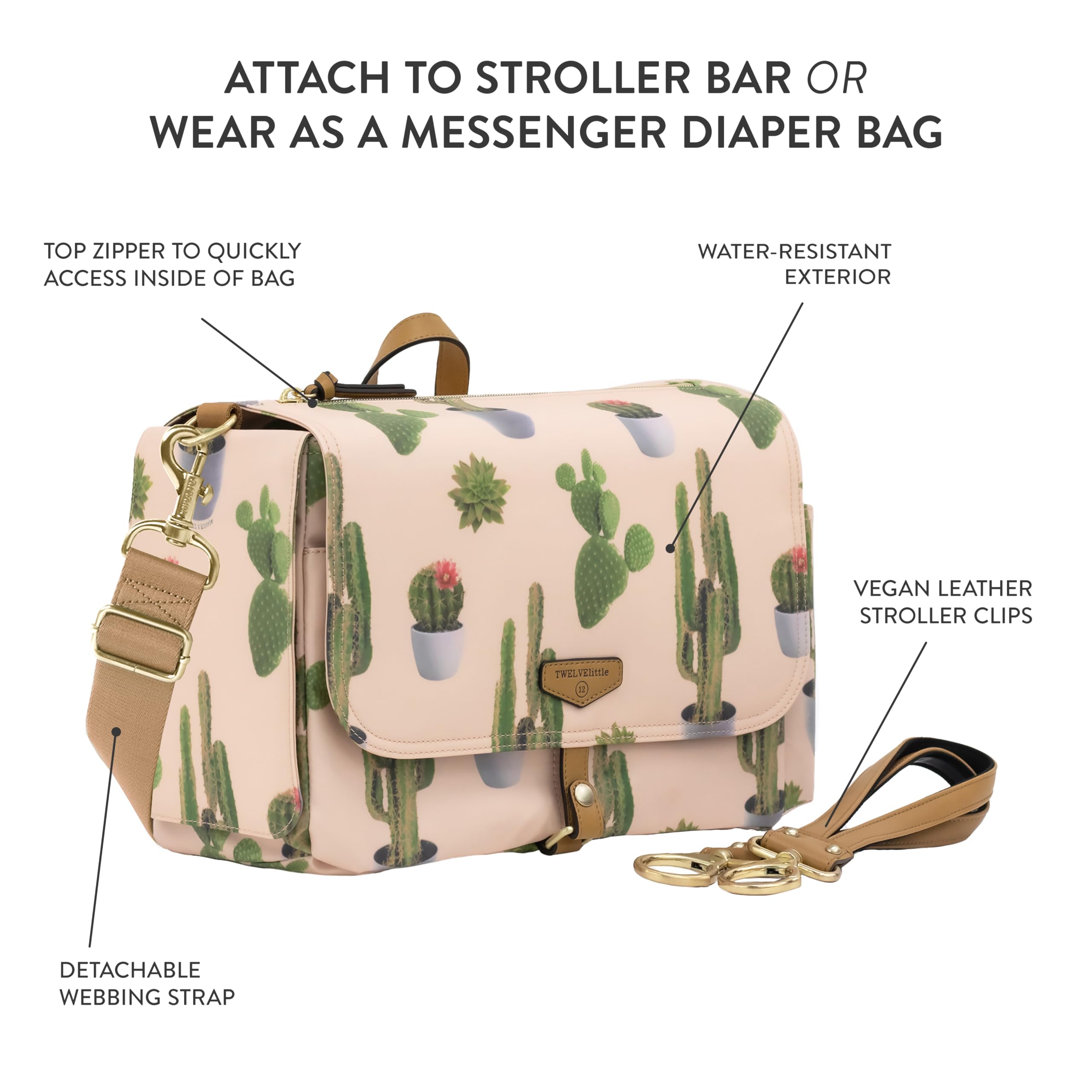 TWELVElittle On-The-Go Stroller Caddy 3.0 - Premium Travel Diaper Bag with Stroller Clips & Changing Pad - Lightweight Messenger Baby Bag for Parents - Perfect for Daycare, Shopping & Family Outings - Cactus Design