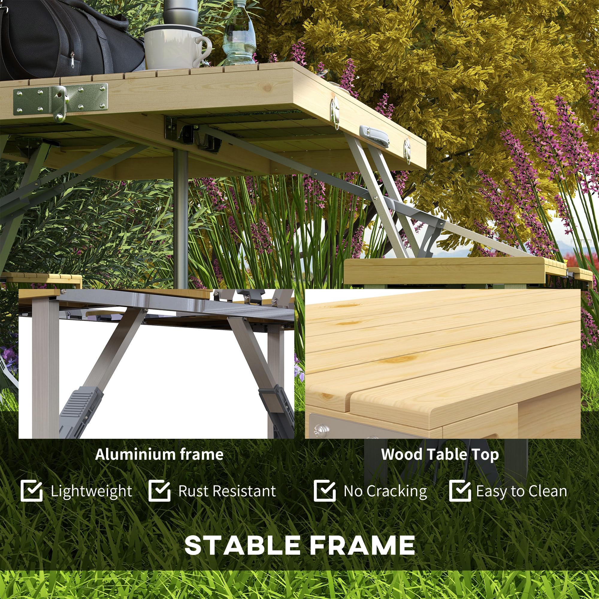Outsunny 4-Person Folding Picnic Table Set with Chairs - Portable Aluminum Camping Table with Umbrella Hole & Natural Wood Finish - Perfect for Outdoor Dining, Backyard BBQs, Beach Trips and Camping Adventures