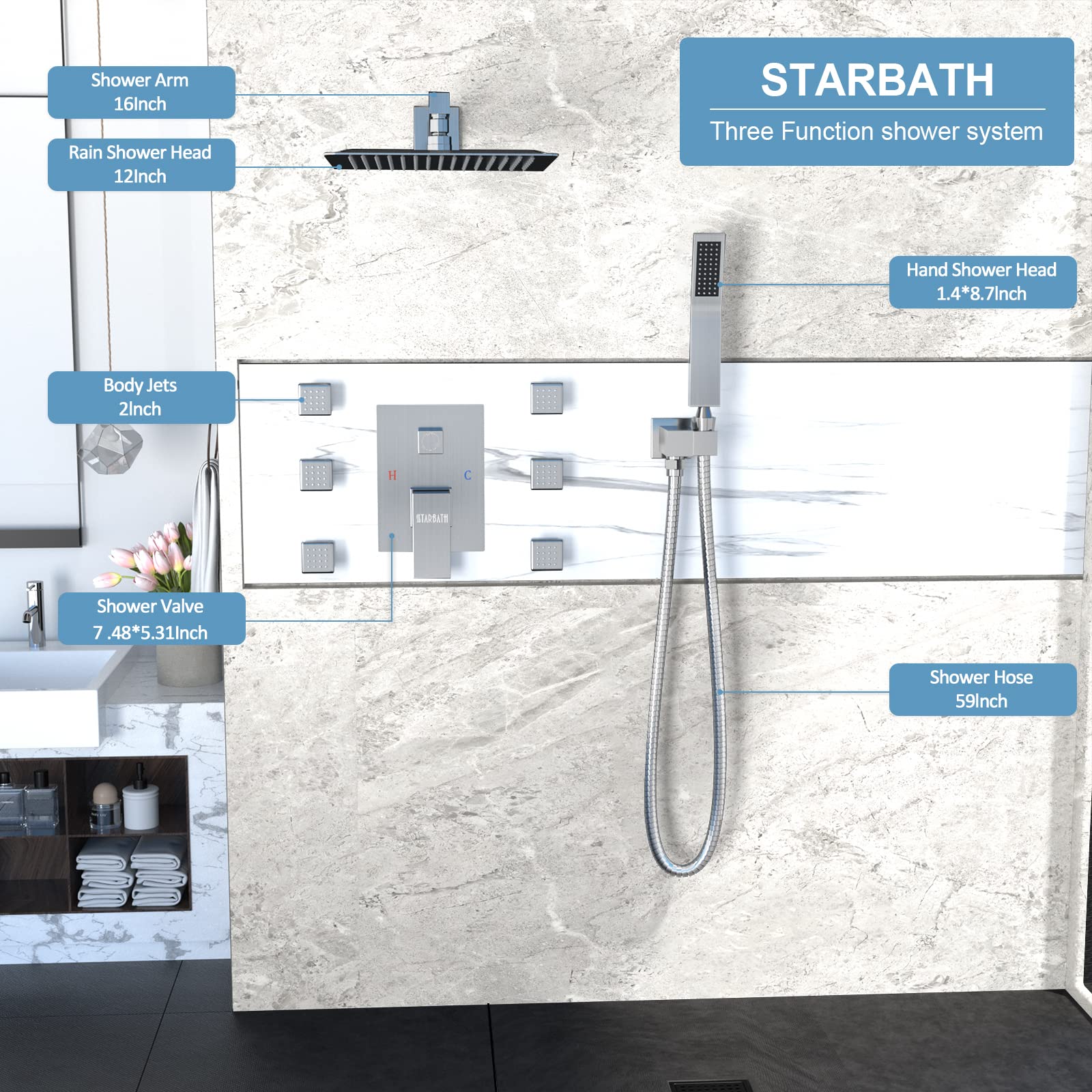 **STARBATH 12 Inch Rain Shower System with Body Jets - Powerful Rainfall & Handheld Spray Shower Set - Brushed Nickel Concealed Rough-in Mixer Valve - Perfect for Spa-Like Luxury Bathroom Experience**