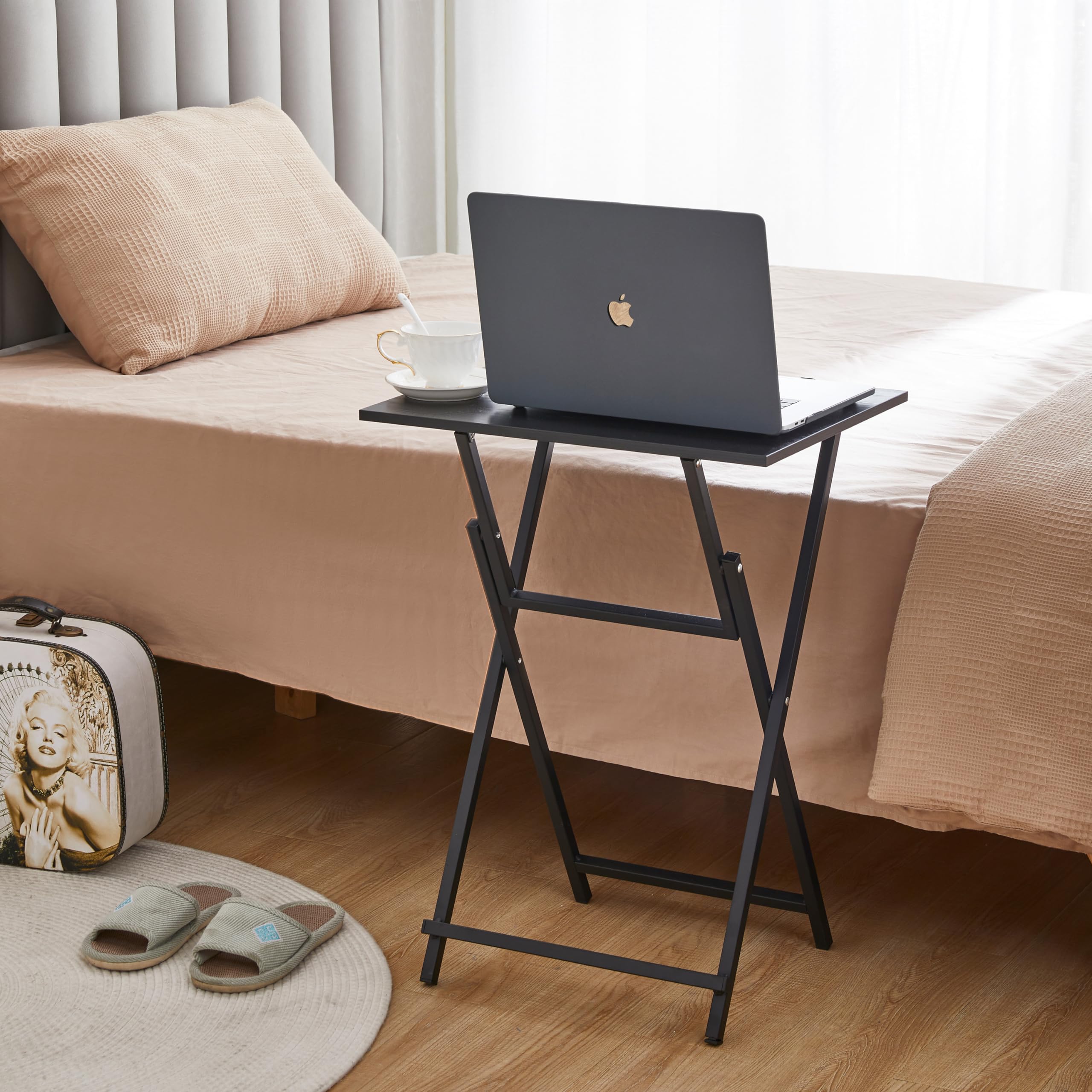 2-Pack Folding TV Tray Table Set - Portable Wooden Side Table for Sofa, Industrial Snack & Dinner Table - Space Saving End Table for Living Room, Bedroom, Office (Black) | Perfect for Movie Nights, Gaming Snacks & Small Space Dining
