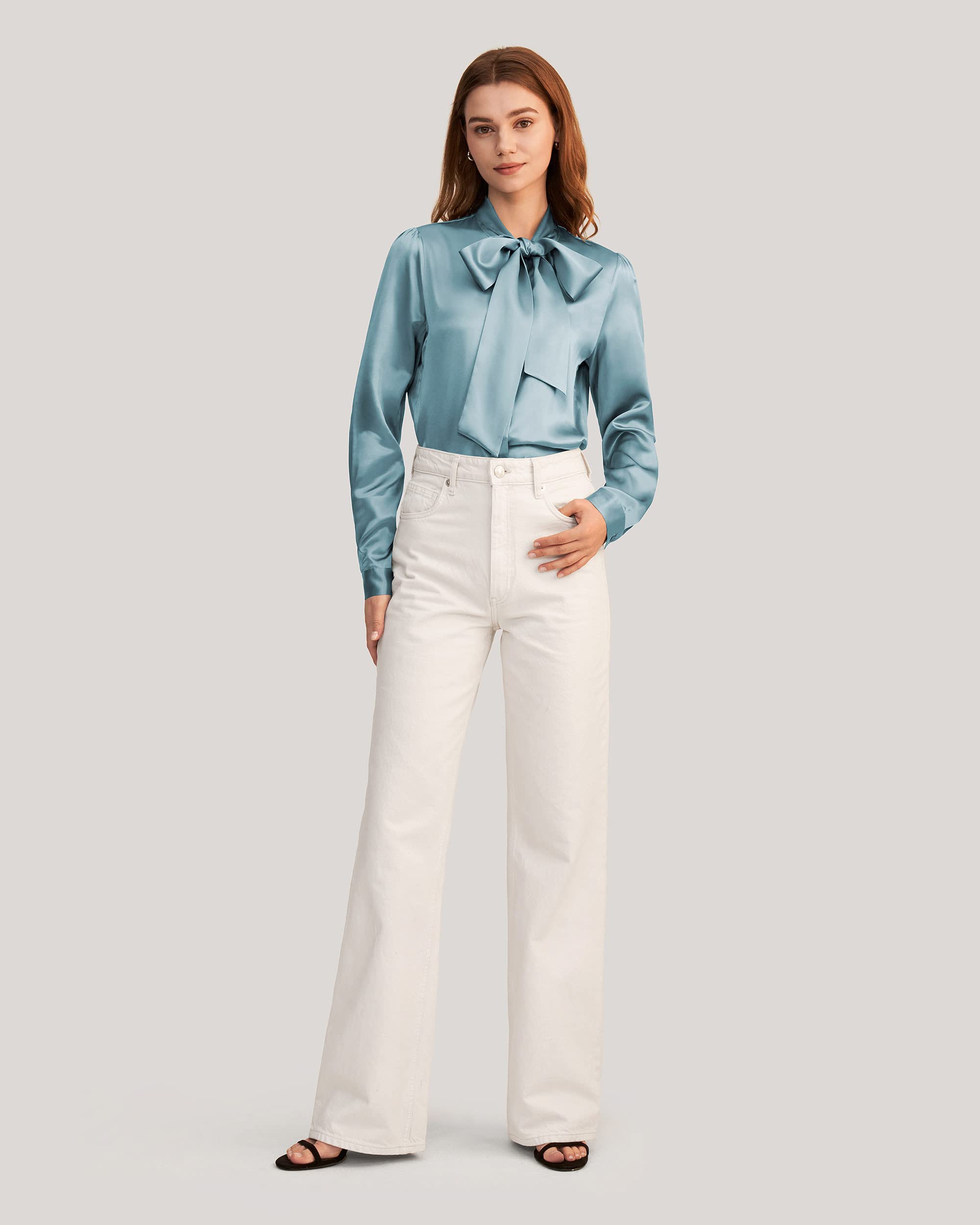 LilySilk Women's Vintage Bow Tie Neck Long Sleeve Silk Blouse - 100% Pure Silk Button Down Shirt for Office, Date Night & Special Occasions