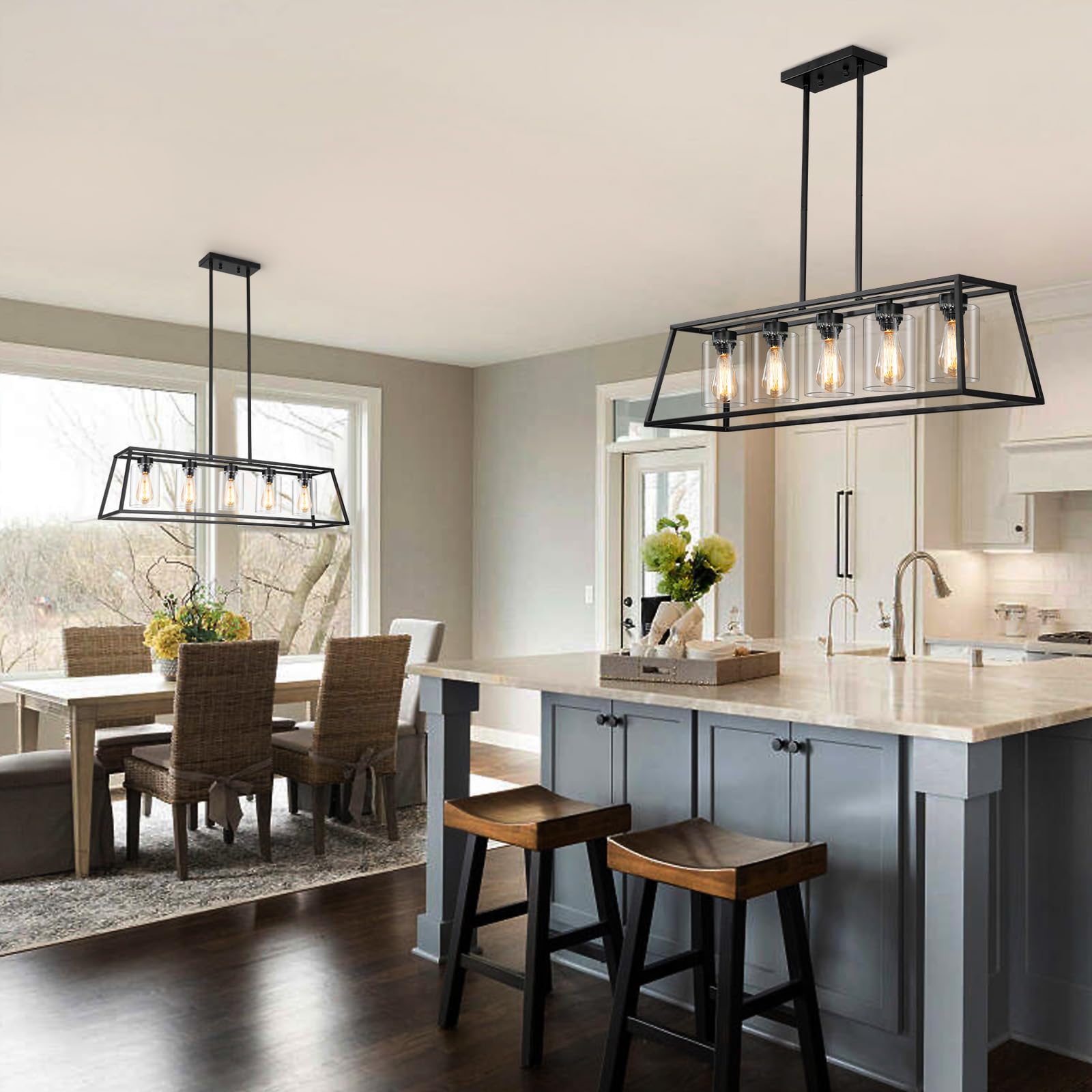 5-Light Black Farmhouse Chandelier for Kitchen Island & Dining Room - Rectangle Pendant Lighting with Clear Glass Cylinders - Perfect for Kitchen Counter, Breakfast Nook & Farmhouse Dining Areas