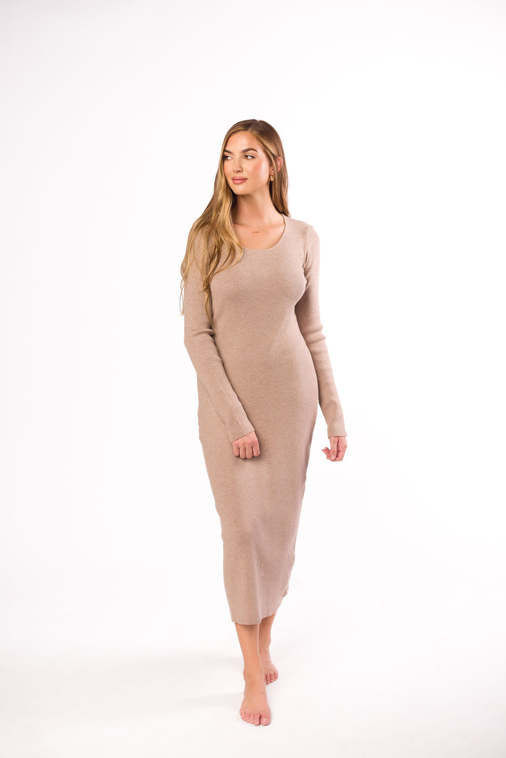 Gwen Ribbed Midi Dress in Mocha - Women's Stretchy Bodycon Dress for Casual Wear, Date Night & Office Outfits