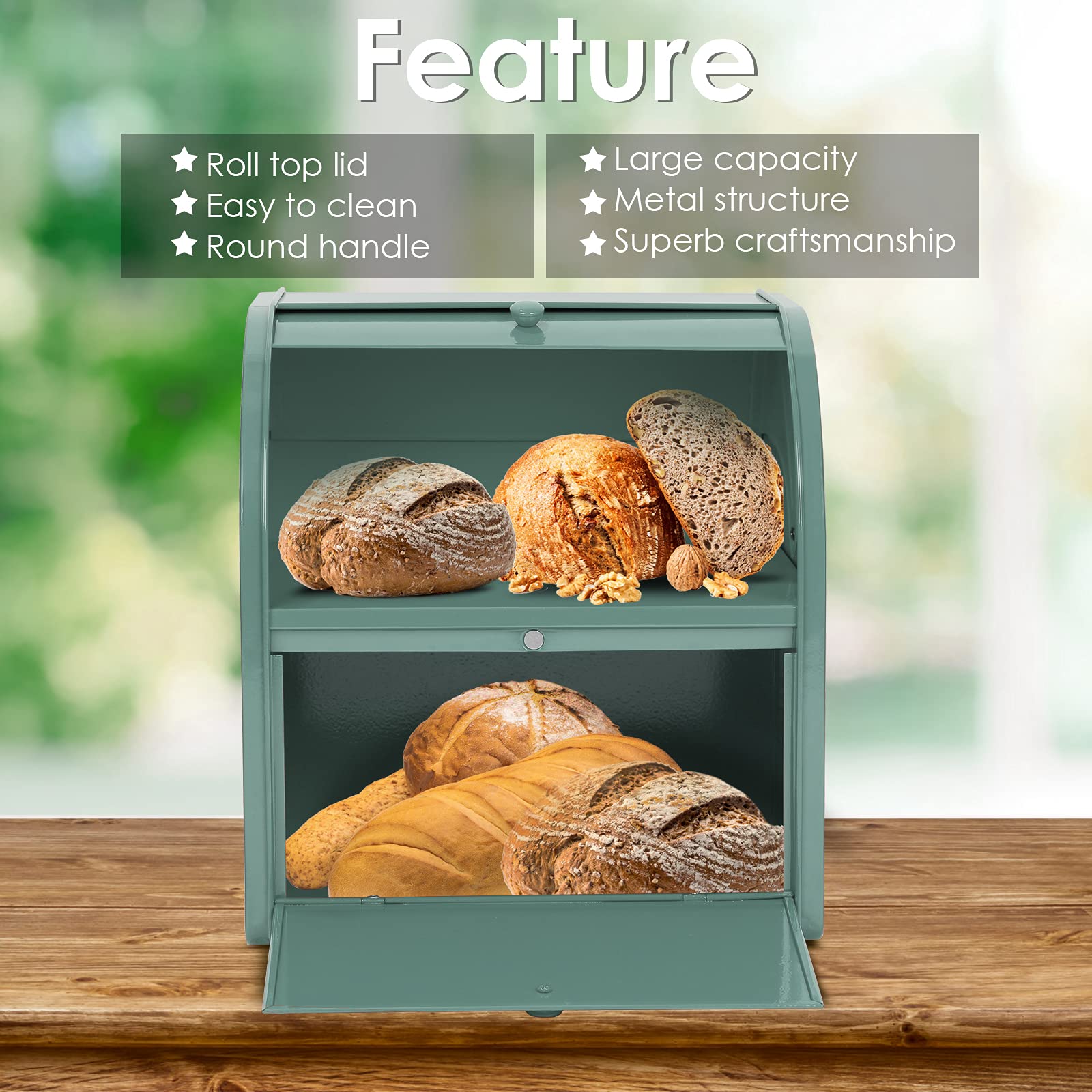 Stainless Steel Bread Box for Kitchen Countertop - Large Capacity Bread Storage Container Holds 2 Loaves - Rustic Farmhouse Style Bread Holder - Perfect for Organizing Baguettes, Sourdough, and Homemade Bread - Ideal for Kitchens, Bakeries, and Pantry Storage