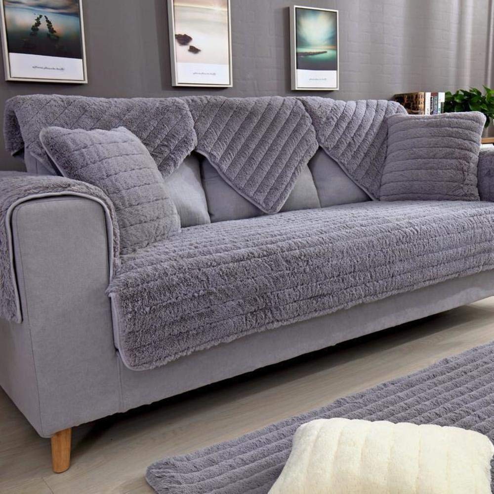 Nileco Quilted Plush Sofa Slipcover - Winter Thick Furniture Protector, Anti-Slip Sectional Couch Cover for Living Room (Gray, 70x210cm/28x83in) - Perfect for Home Decor & Pet Protection