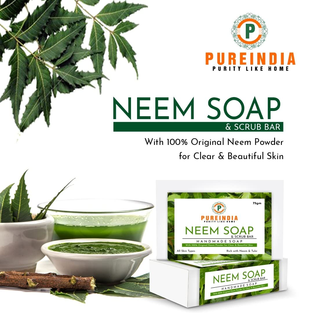 PUREINDIA Handmade Neem Scrub Bar for Acne & Skin Care - Pack of 3 | Natural Neem Petals & Oil | No Synthetic Fragrance | Facial & Body Cleansing Bar for Acne, Pimples, Rashes | Perfect for Daily Skincare Routine & Sensitive Skin Treatment