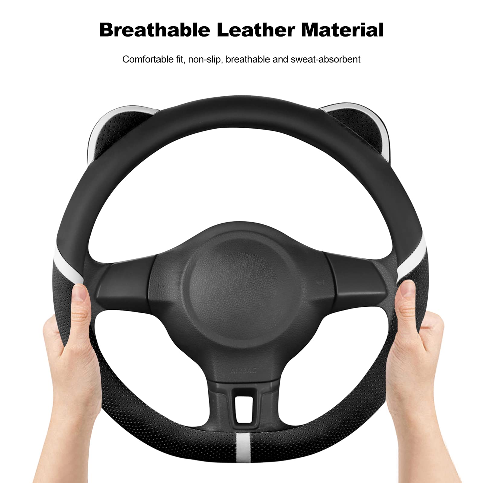 Ergocar D-Shaped Steering Wheel Cover - Cute Cartoon Cat Ears Design, Anti-Slip Microfiber PU Leather, Breathable Steering Wheel Protector (15