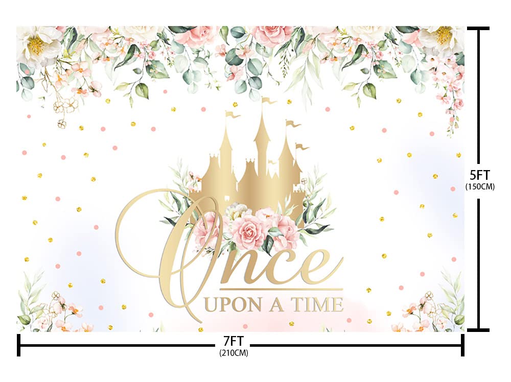 Sendy 7x5ft Once Upon a Time Backdrop - Fairy Tale Book Themed Birthday Party Decor, Princess Floral Castle Photography Background for Baby Showers, Cake Tables & Photo Props (Pink & Gold) - Perfect for Girls' Birthday Parties, Baby Showers & Themed Photoshoots