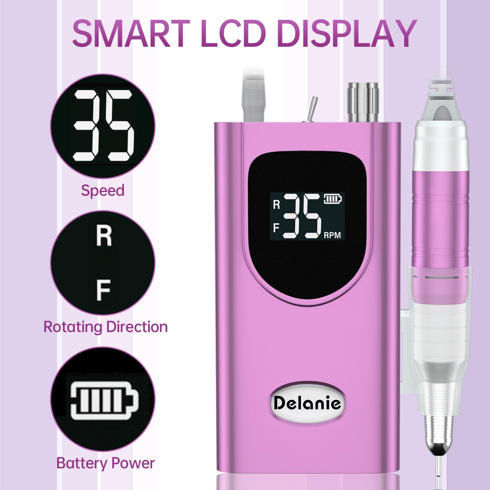 Delanie Professional Portable Electric Nail Drill Machine - 35000 RPM Rechargeable Cordless Nail Filer for Acrylic, Gel & Dip Powder Nails | Salon & Home Manicure Tool | Perfect for Nail Art & DIY Nail Care (Violet)