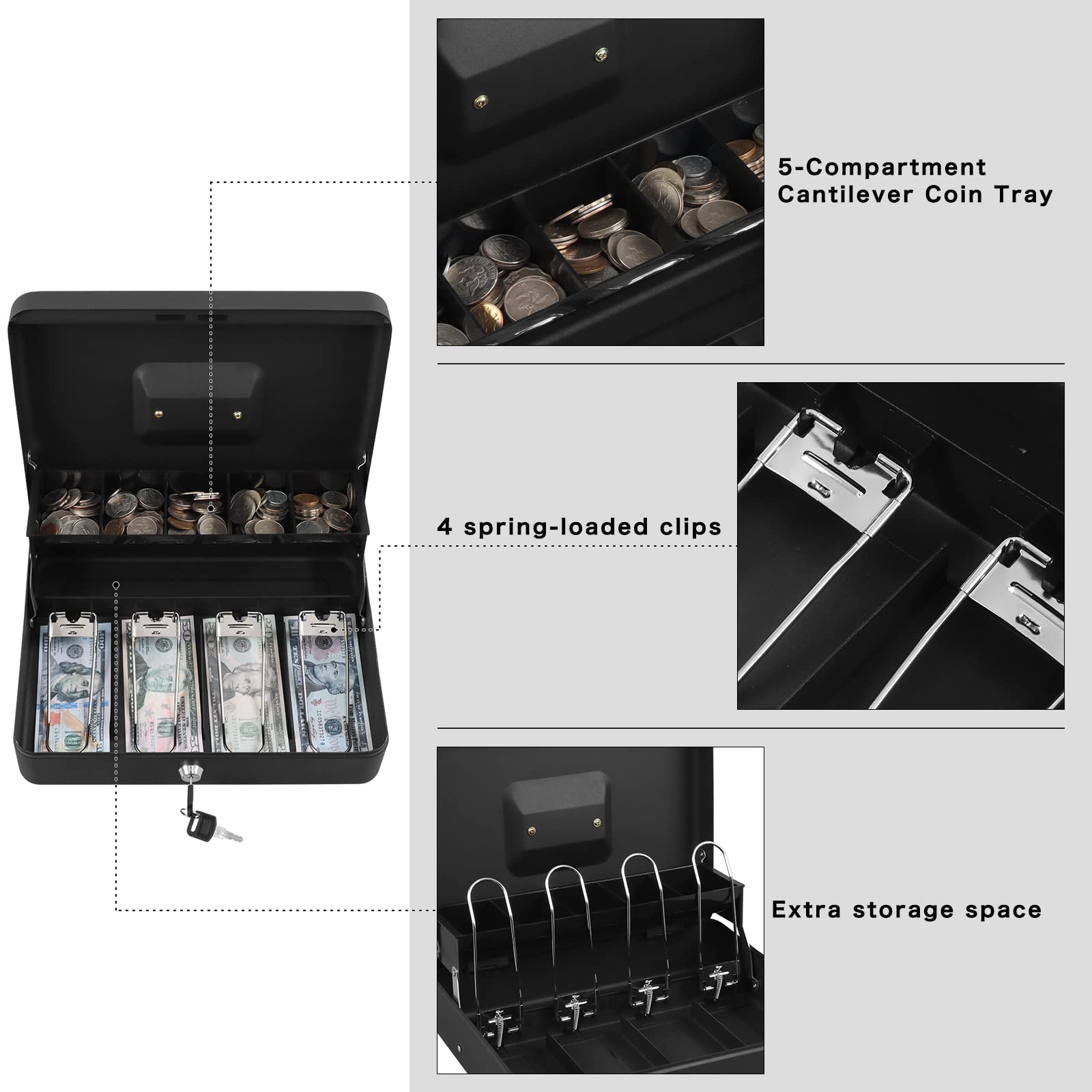XYDLED Black Sand Grain Cash Box with Key Lock - Money Lock Box with 4 Bill & 5 Coin Slots, Tiered Cash Tray - 11.8