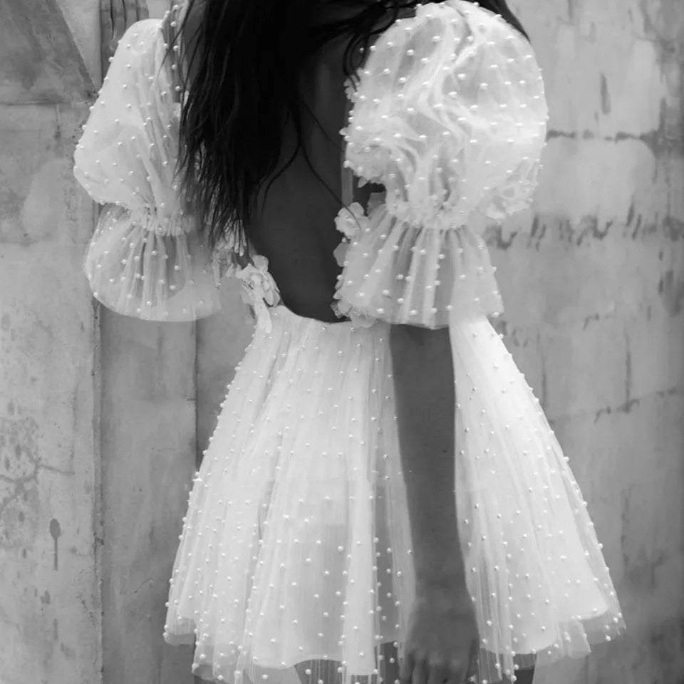 Elegant Short Backless Wedding Dress with Illusion Half Sleeves & Pearl Floral Embroidery - Perfect for Beach Weddings, Vow Renewals, and Romantic Photoshoots