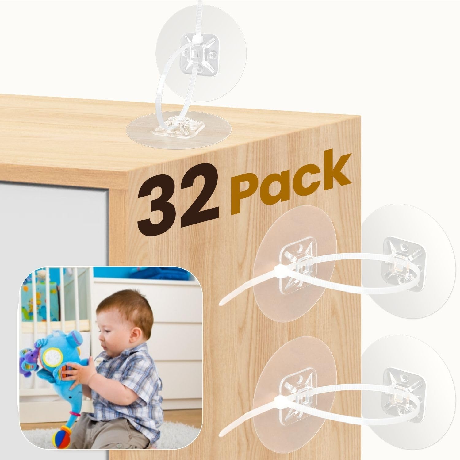 32 Pack Heavy Duty Anti-Tip Furniture Anchors - No Drill Baby Proofing Kit with Adjustable Straps (Supports Up to 186lbs) for Shelves, Cabinets & Dressers - Perfect for Child Safety & Earthquake Protection in Homes & Offices