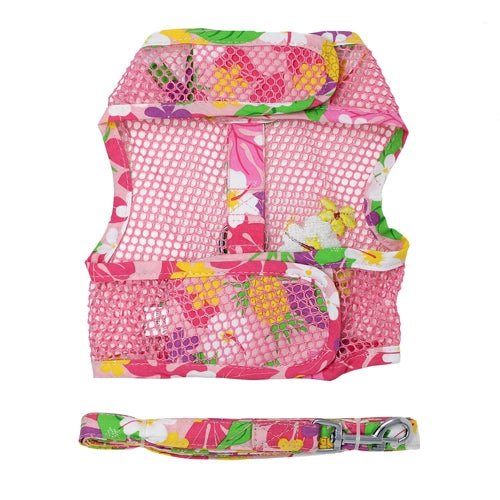 Breathable Mesh Dog Harness with Leash - Adjustable Pink Hawaiian Floral Pet Vest for Small Medium Dogs - Perfect for Walking, Hiking & Outdoor Adventures