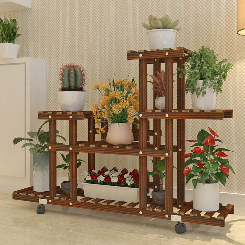 **Multi-Layer Flower Shelf - Wooden Plant Display Stand with Wheels for Indoor & Outdoor Garden, Herb Pot Holder, Carbonized Storage Shelving Unit - Perfect for Balcony, Patio, and Home Decor**