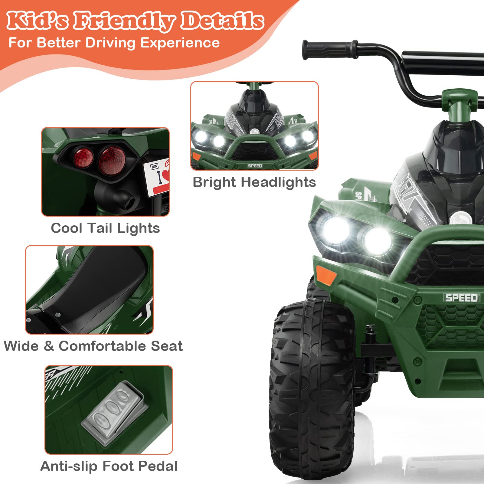 HONEY JOY 12V Kids Electric ATV Ride-On Car - Battery Powered 4 Wheeler with Tread Tires, Dual Speed, Horn & LED Lights - Perfect Gift for Boys & Girls (Green) | Outdoor Play & Backyard Adventure Vehicle