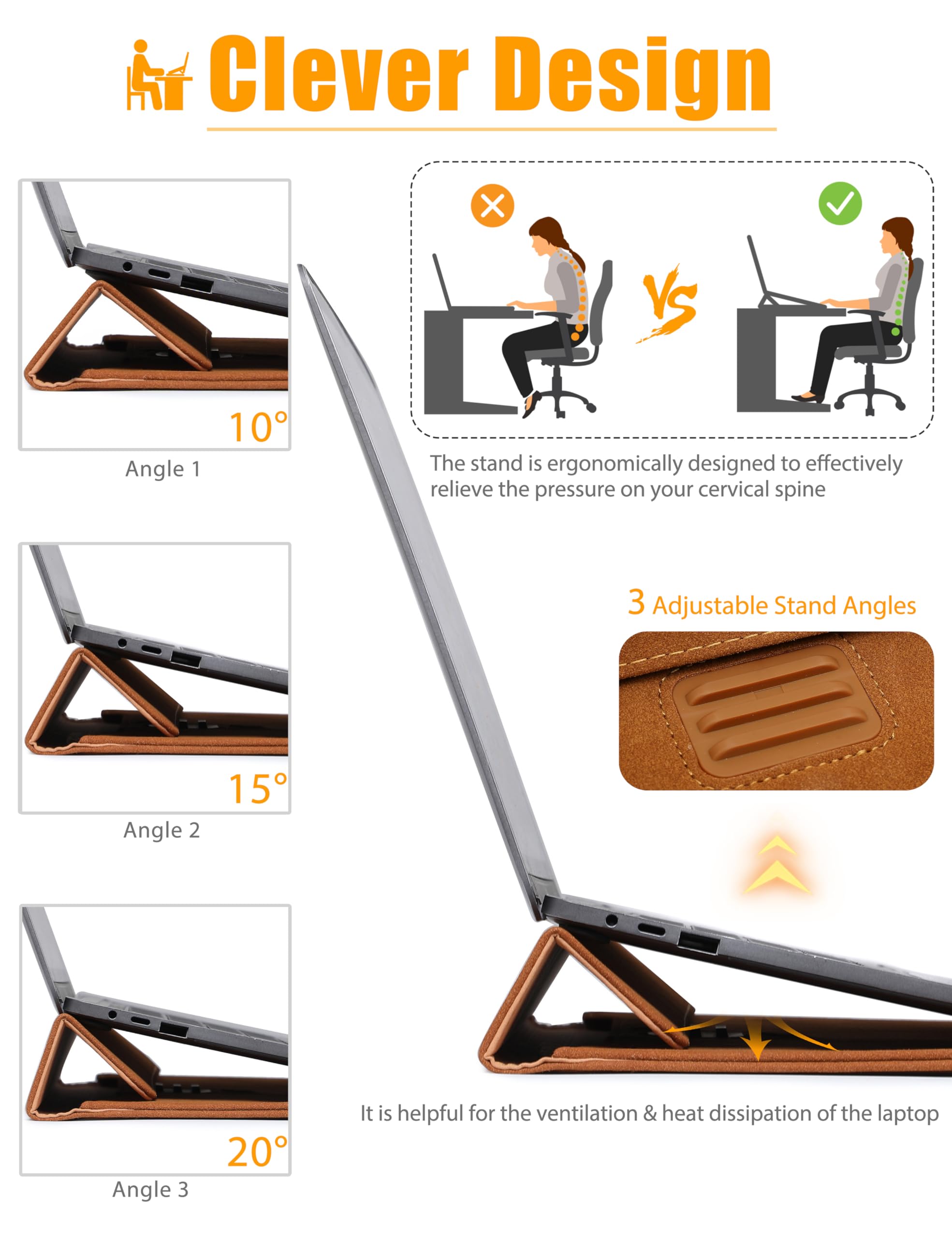 Premium 13 Inch Laptop Sleeve with Adjustable Stand - Compatible with MacBook Air 13 (M1/M2/M3 2024-2018), MacBook Pro 13 (M1/M2 2024-2016), Surface Pro, iPad Pro 13 (M4), iPad Air 13 (M2), Dell XPS 13 - Includes Carry Bag in Brown | Perfect for Work, Travel & School Protection