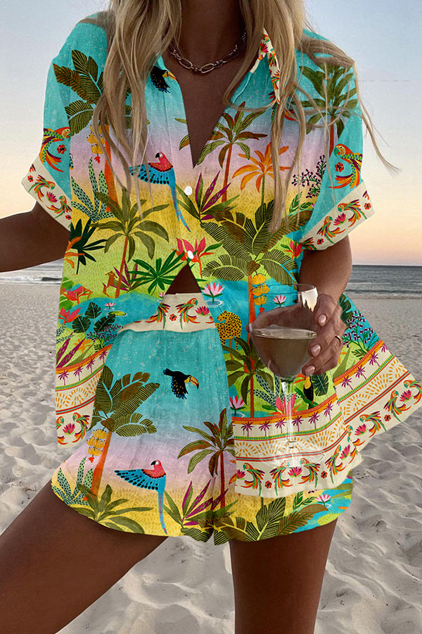 Tropical Rainforest Print Loose Buttoned Elastic Waist Shorts Set for Women - Comfortable Summer Outfit for Beach Vacation, Yoga, and Casual Wear