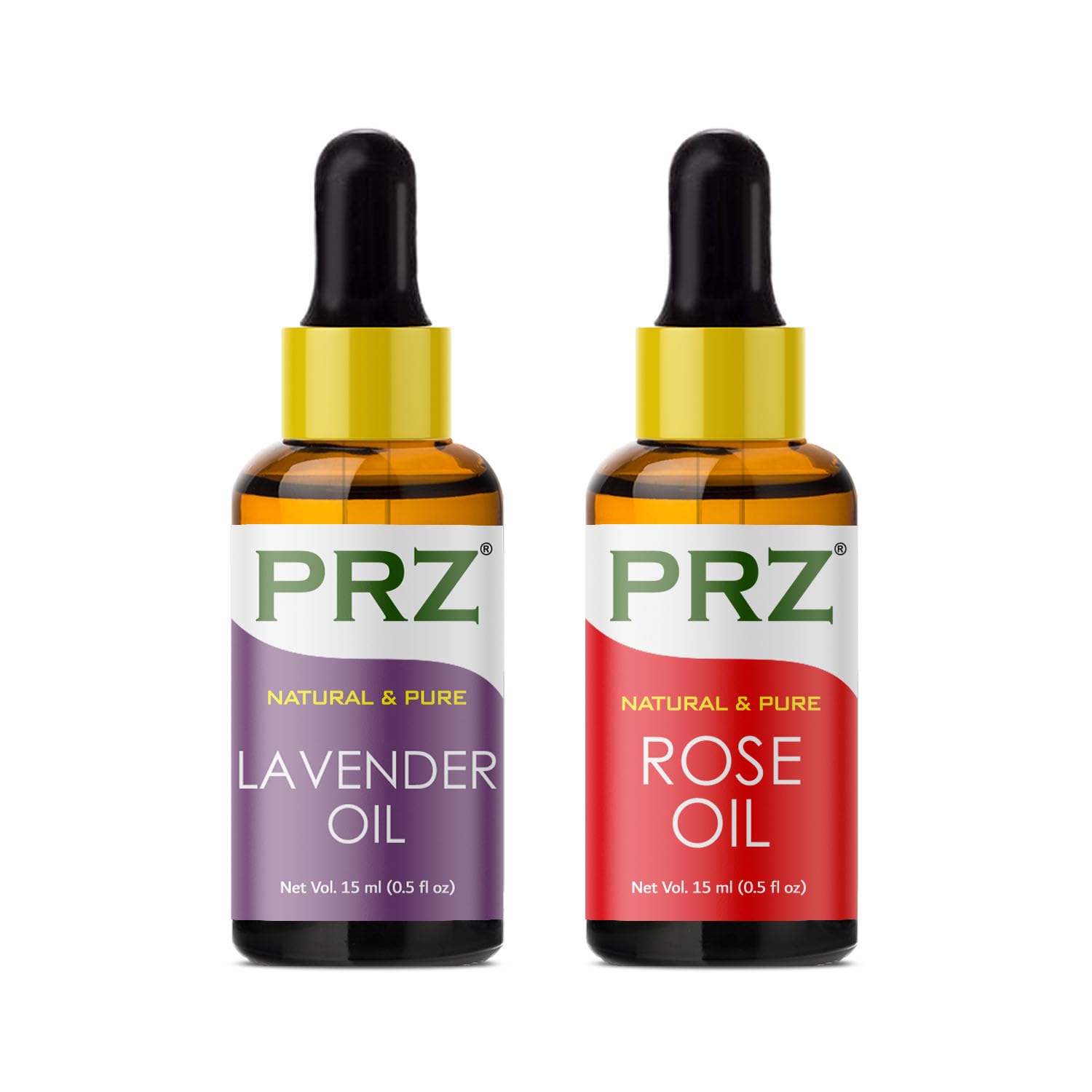 PRZ Lavender & Rose Essential Oil Set - 100% Pure Natural Therapeutic Grade for Aromatherapy, Massage, Skin & Hair Care (15mL Each) | Perfect for Relaxation, Spa Treatments & Home Diffusers