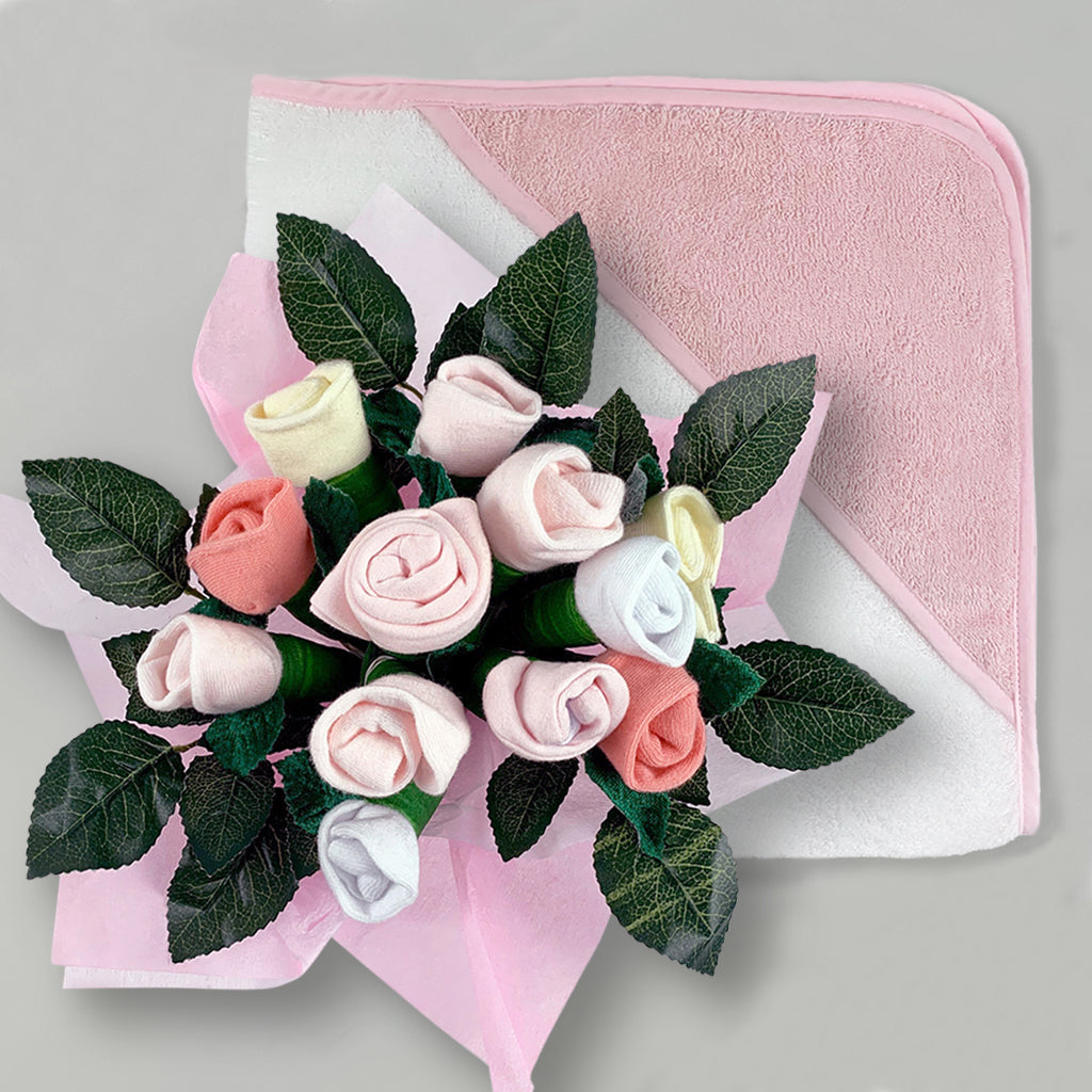 Soft Pink Hooded Baby Towel Set with Welcome Posy Print - Perfect for Newborn Bath Time, Baby Shower Gifts & Nursery Essentials