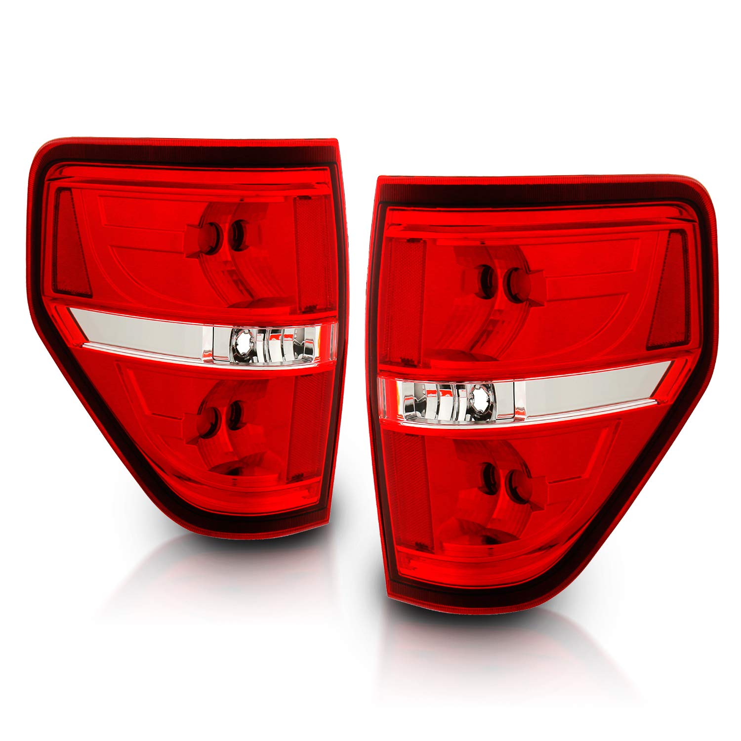 AmeriLite Red/Clear Brake Rear Direct OE Replacement Tail Lights for 2009-2014 Ford F150 F-150 - Passenger & Driver Side - Upgrade Your Truck's Style & Safety for Night Driving & Towing