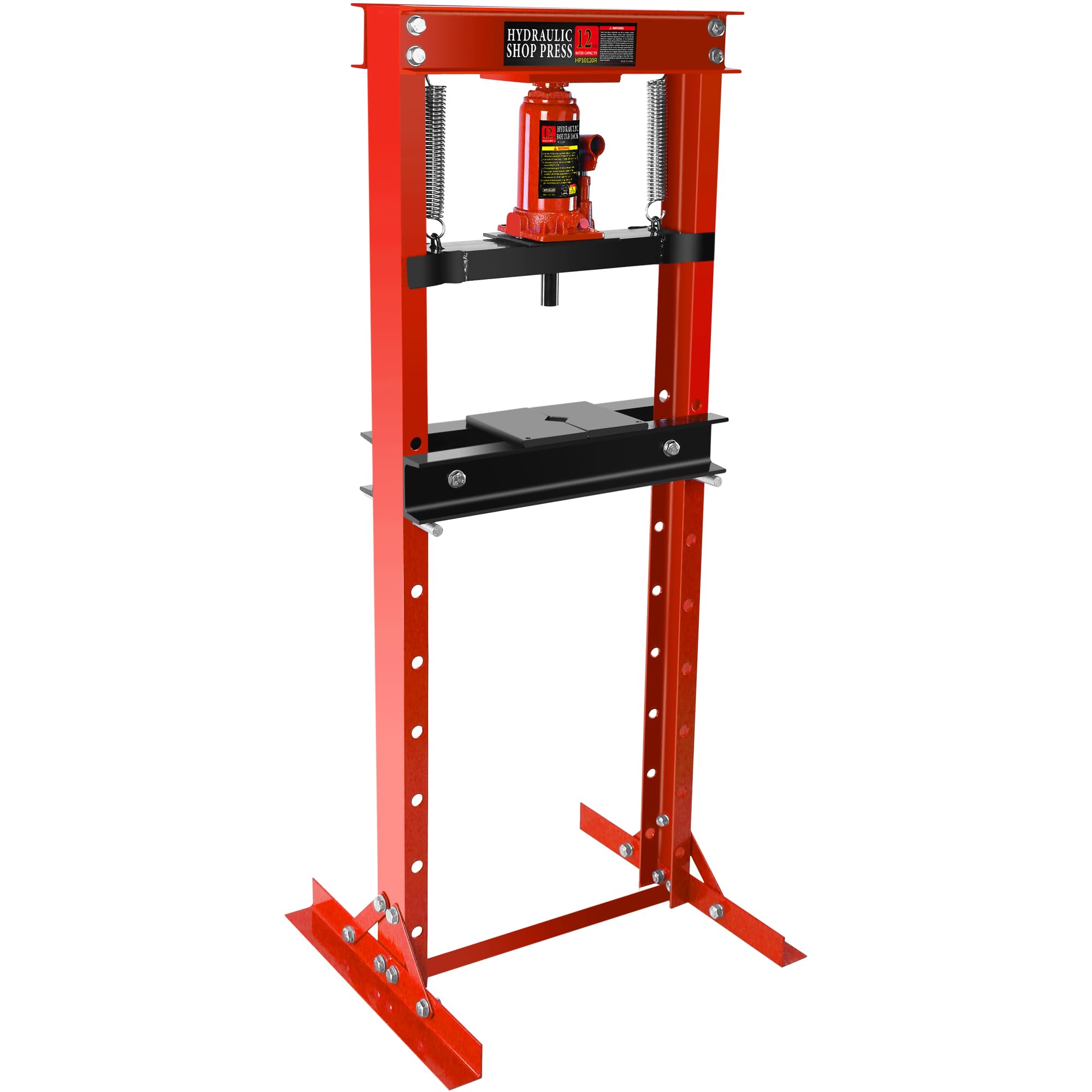12-Ton Hydraulic Shop Press with Press Plates - H-Frame Garage Floor Press with Adjustable Working Table Height - Heavy Duty Metalworking, Automotive Repair & DIY Projects (Red)