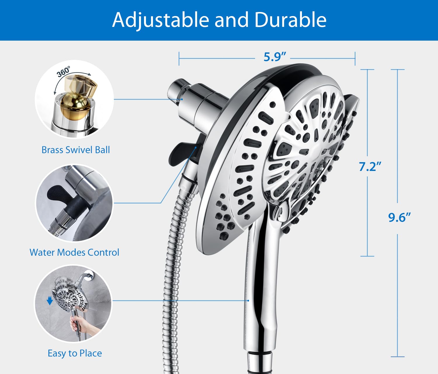 2-in-1 Shower Head with Handheld Combo - 2.5GPM Rainfall & Handheld Shower Head, 9 Spray Settings with Hose - Perfect for Bathroom Renovation & Spa-Like Shower Experience