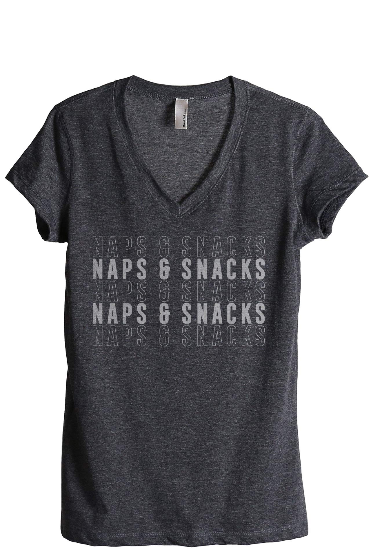 Thread Tank Naps and Snacks Women's Relaxed V-Neck T-Shirt | Soft Casual Tee for Everyday Wear & Lounge Outfits