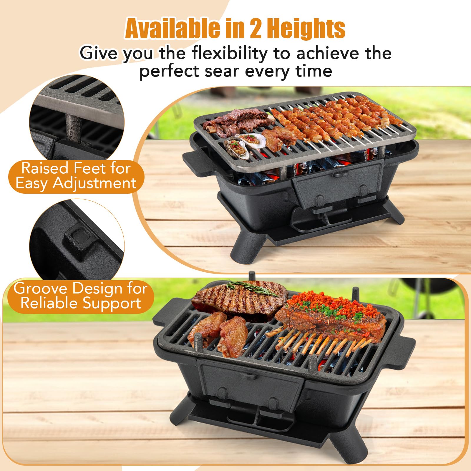 Giantex Portable Charcoal Hibachi Grill - Double-Sided Cast Iron BBQ Grill with Adjustable Air Vent, Fire Gate & Grate Lifter - Perfect for Outdoor Cooking, Camping, Picnics & Backyard Barbecues