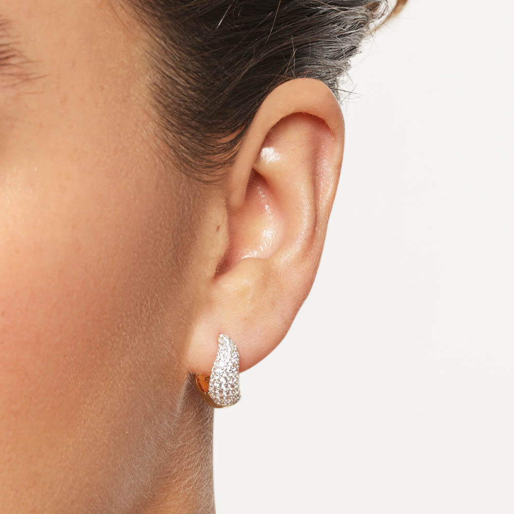 14K Gold White Topaz Wave Huggie Hoop Earrings for Women - Elegant Dome Pave Design for Parties, Weddings & Everyday Wear