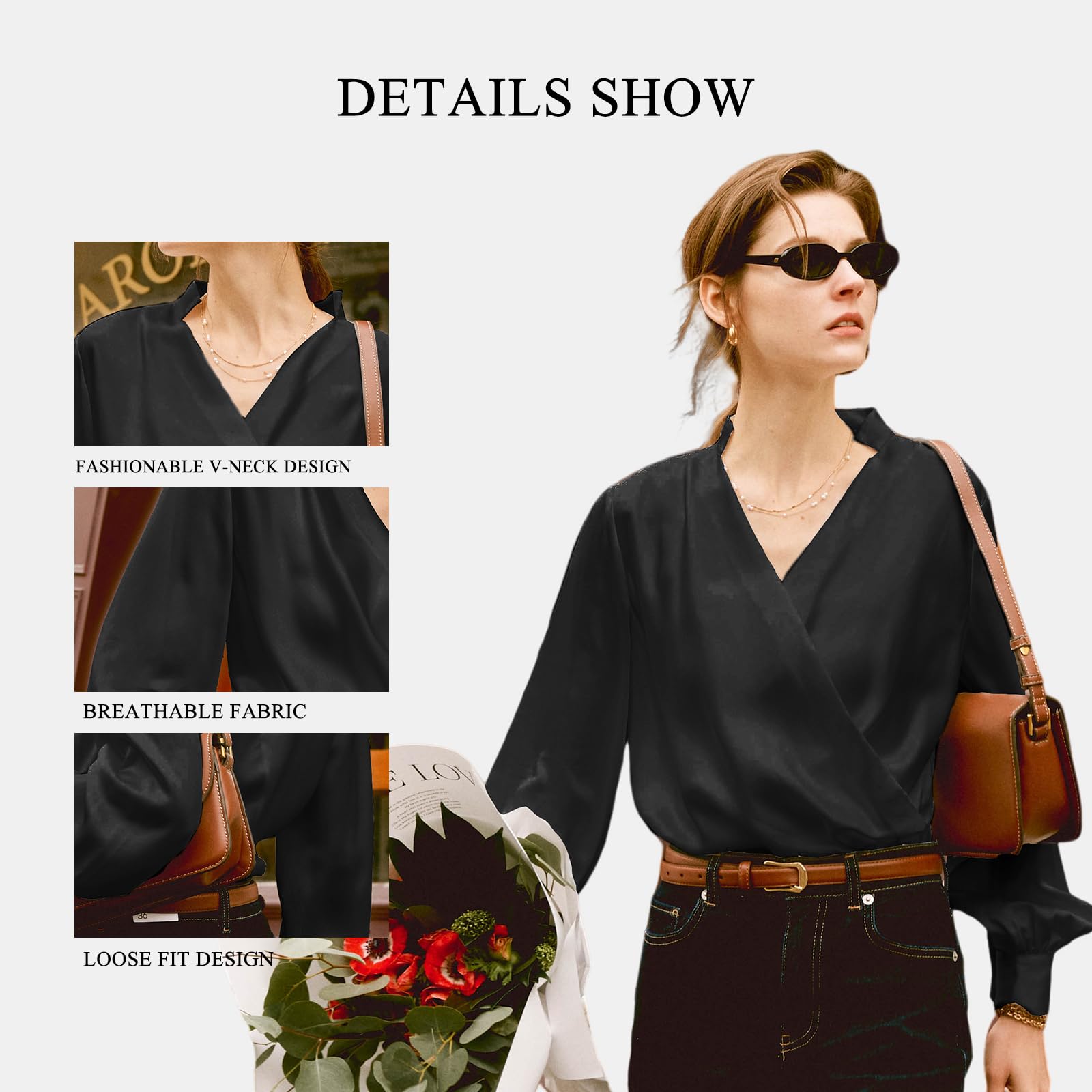 Elegant Women's Silk Blouse Long Sleeve Button Down Shirt with Ruched V-Neck - Classic Flowy Summer Top for Office, Date Night & Special Occasions