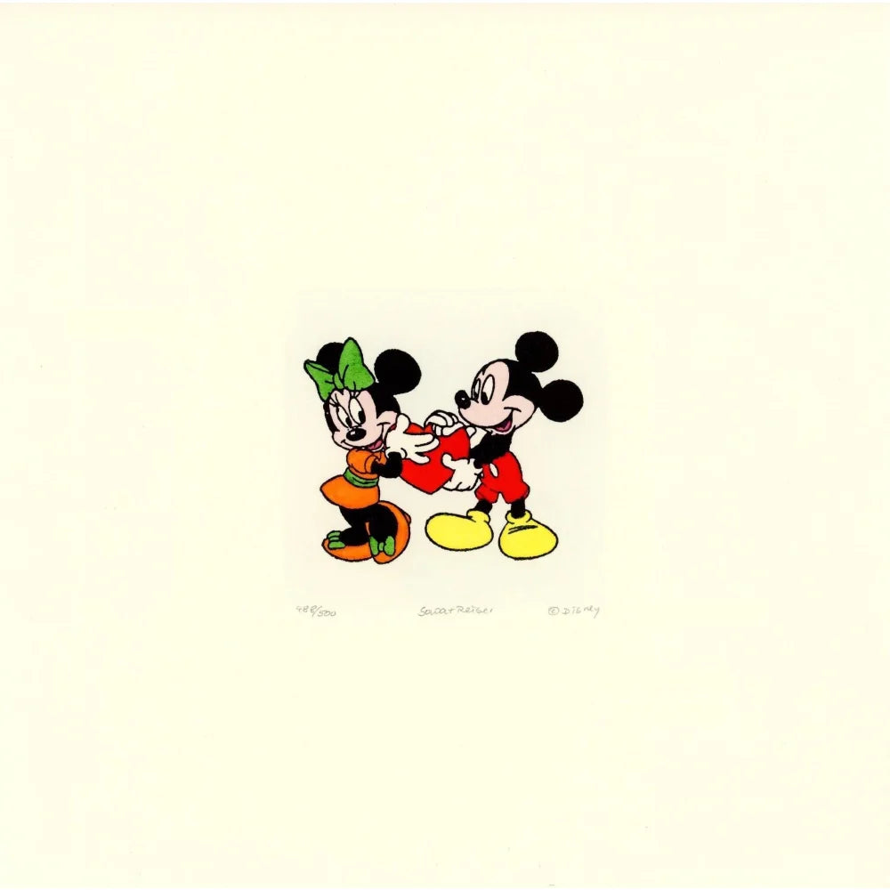 Hand-Painted Mickey & Minnie Mouse Cartoon Etching Art Heart - Limited Edition D/500 by Sowa & Reiser - Perfect for Disney Collectors & Home Decor