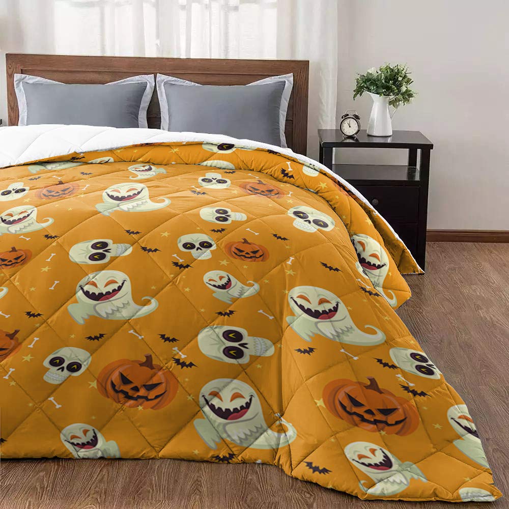 ARTSHOWING Cooling Soft Quilted Duvet Insert - All Season King Size 116x98 Inch Down Alternative Comforter - Happy Halloween Cartoon Pumpkin Ghost Design - Perfect for Bedroom Decor, Guest Room & Cozy Fall Nights